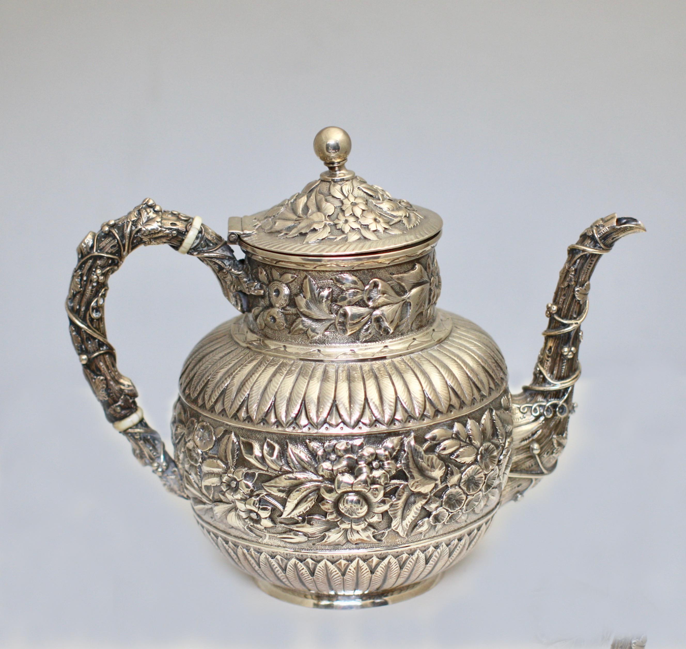 J.E. Caldwell & Co., Silver Five-Piece Tea & Coffee Service together with an Elk In Good Condition In West Palm Beach, FL