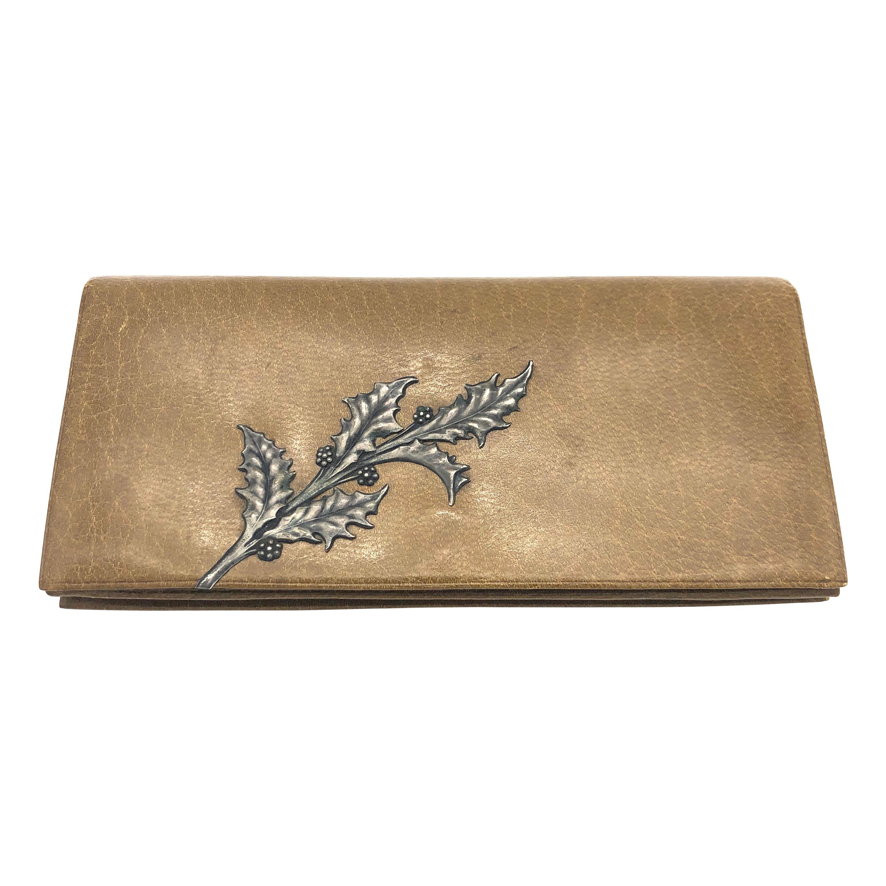 Antique Calf Leather Silver Holly Berry Purse Wallet For Sale