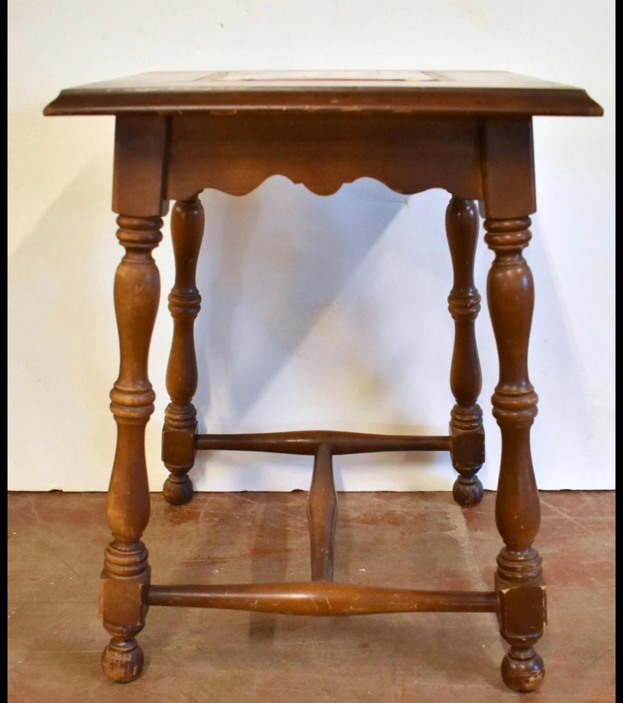 Antique California Tile Top Table From Northwest Company 1940s. Walnut Table Features Single Insert Tile
Measures 21 in Tall By 16 in wide.