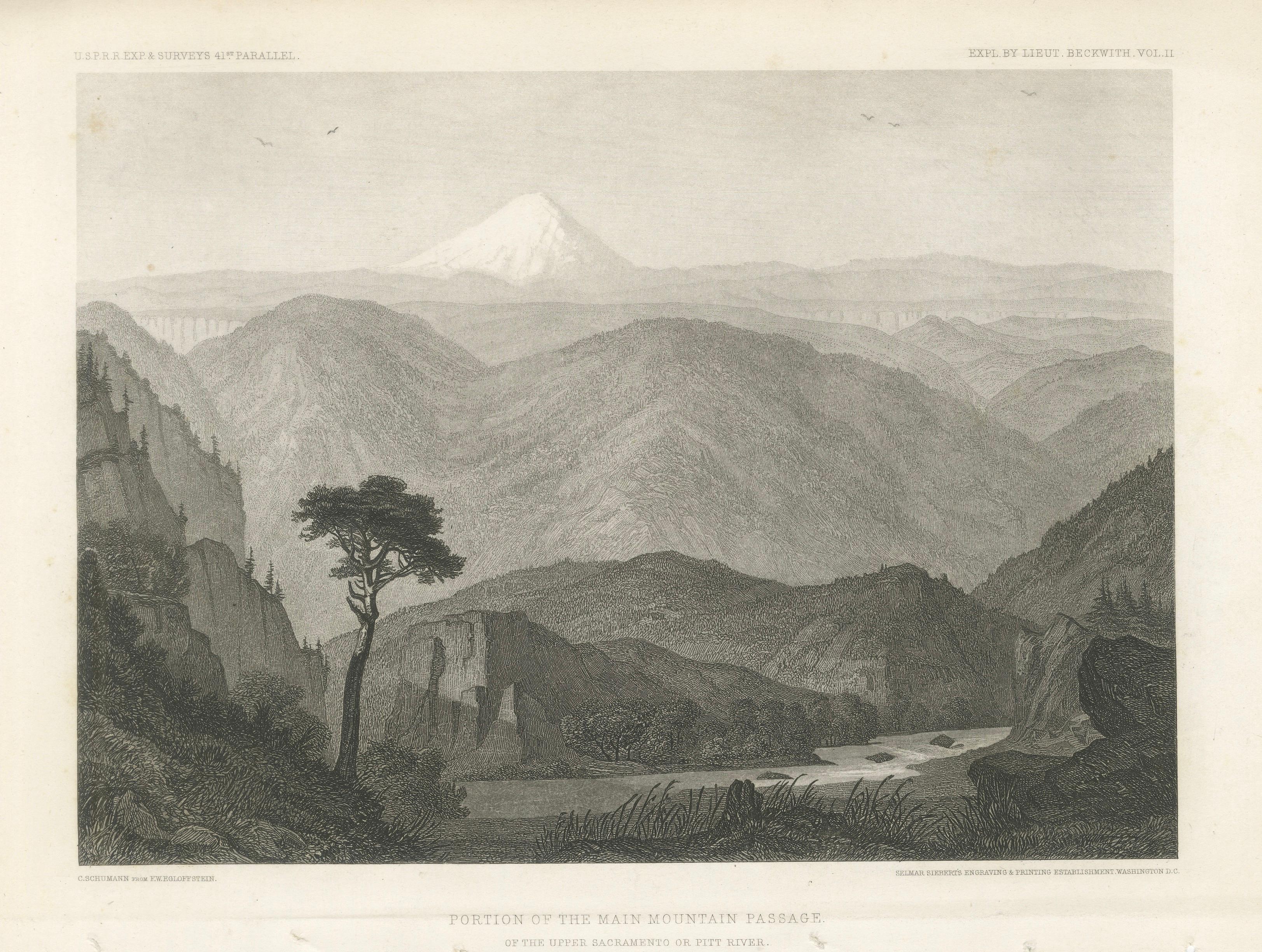 Antique California Landscape Print, Mt Shasta & Sacramento River View 1861