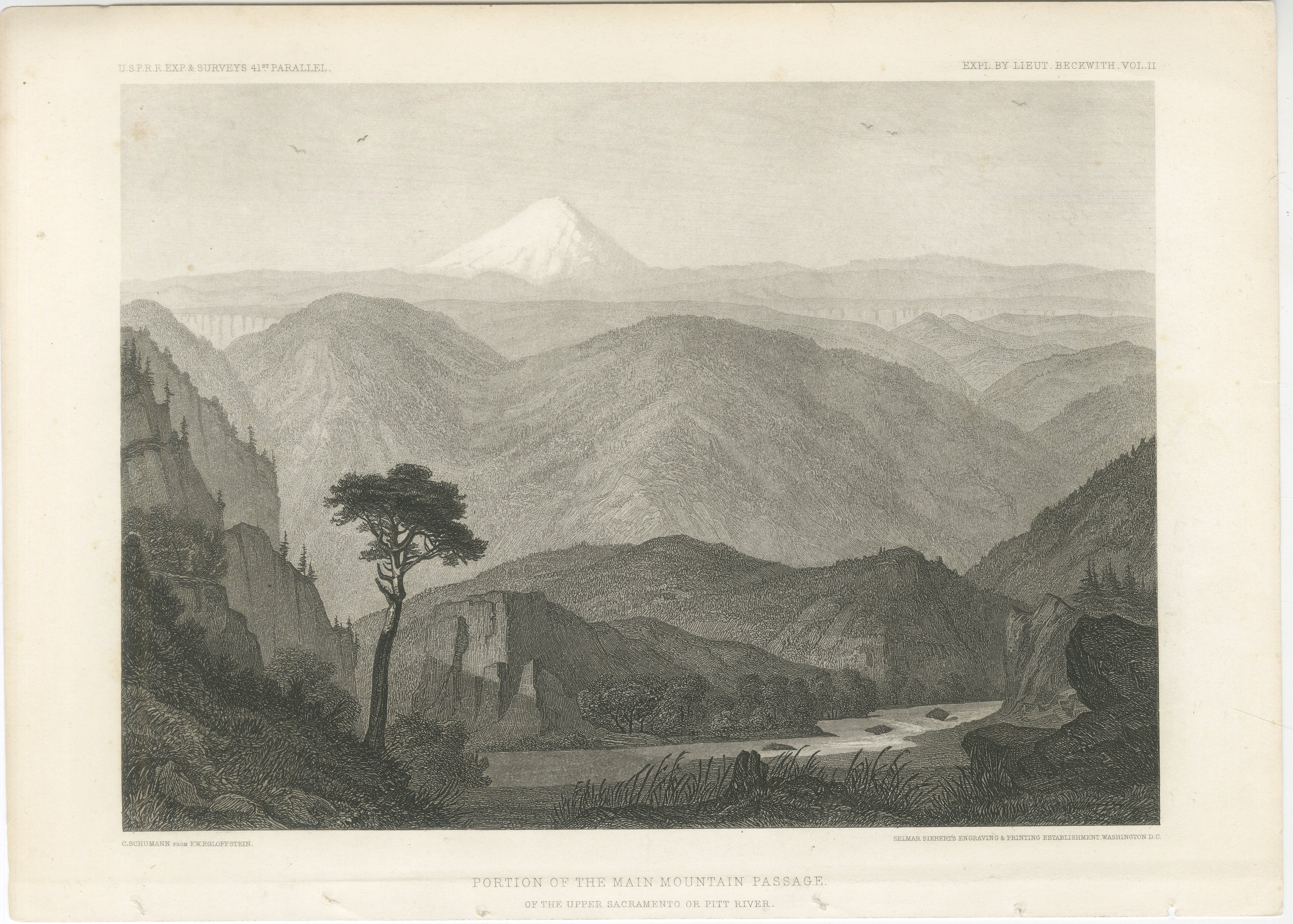 Antique California Landscape Print, Mt Shasta & Sacramento River View 1861