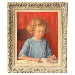 Antique California Portrait Oil Painting of Reading Girl by Wanda Neumann