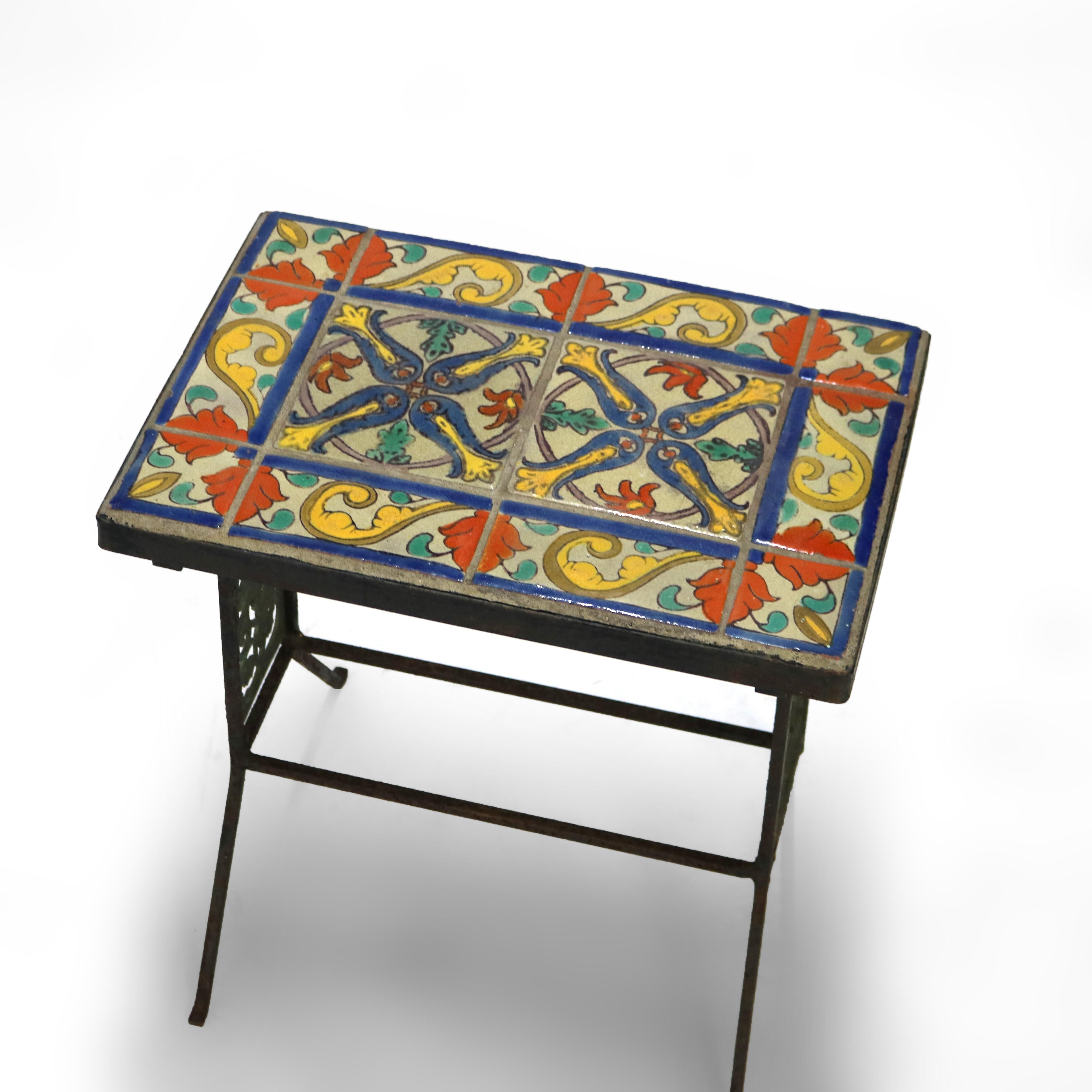 Antique California Pottery Bronze, Wrought Iron & Floral Tile Side Table C1910 In Good Condition In Big Flats, NY