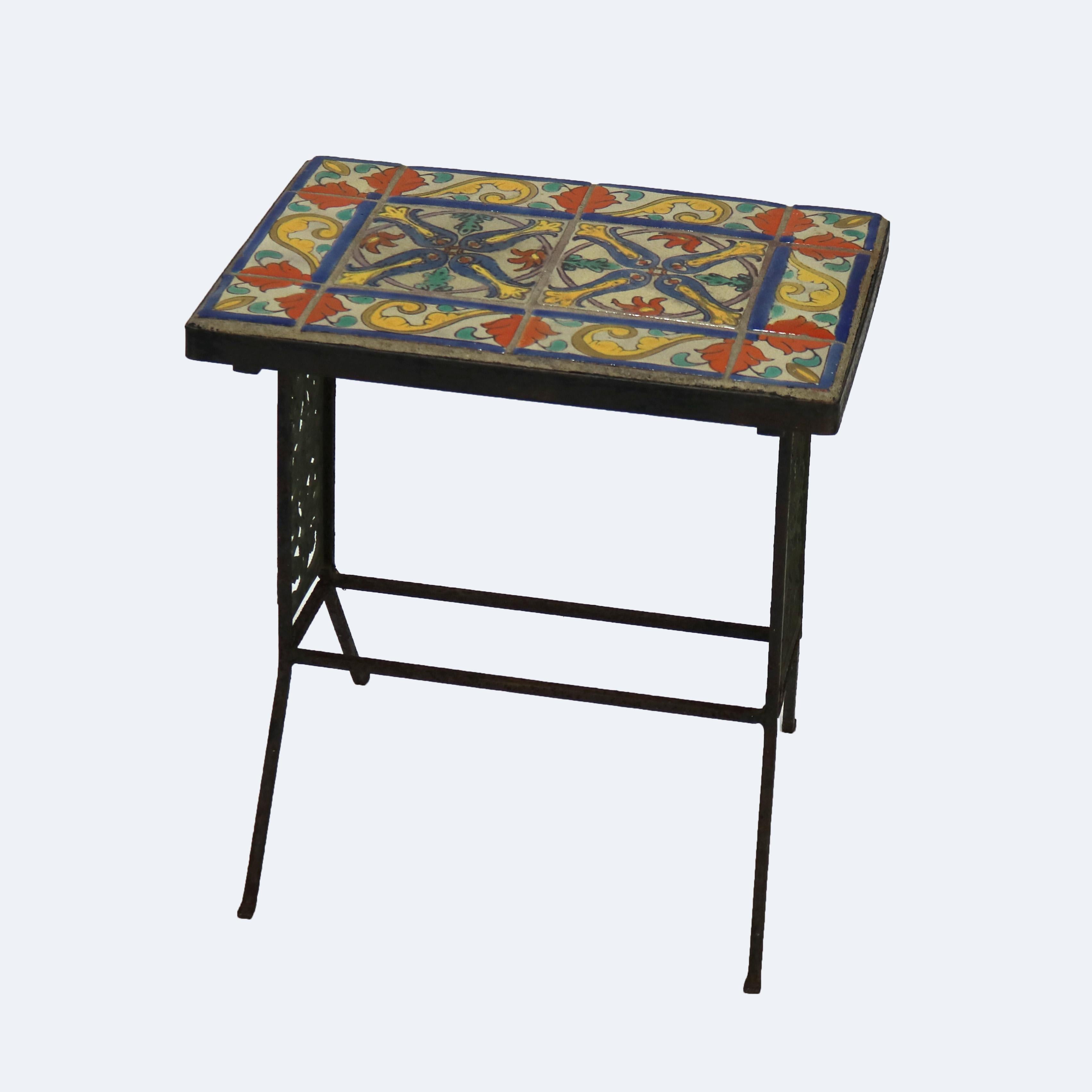 20th Century Antique California Pottery Bronze, Wrought Iron & Floral Tile Side Table C1910