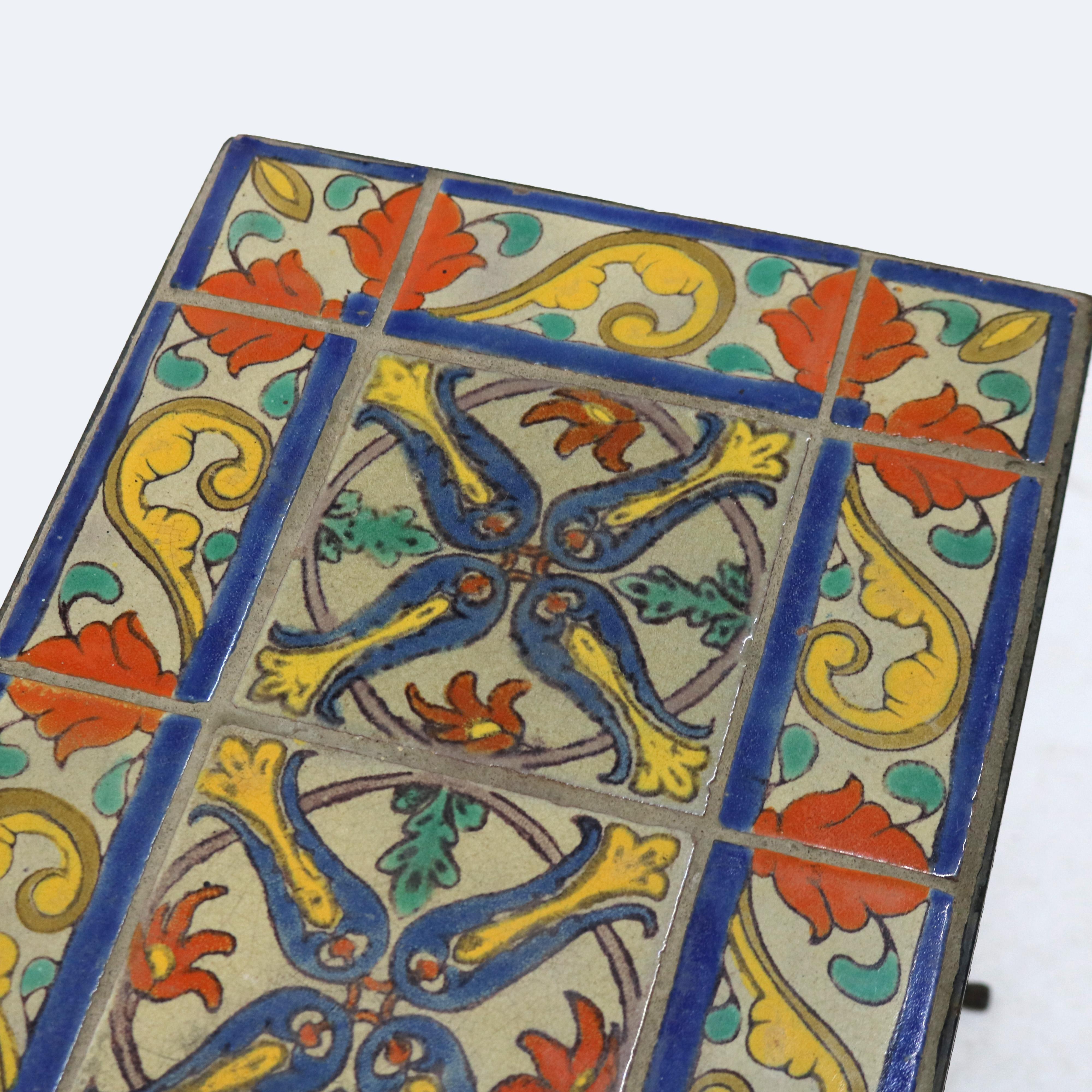 Antique California Pottery Bronze, Wrought Iron & Floral Tile Side Table C1910 1
