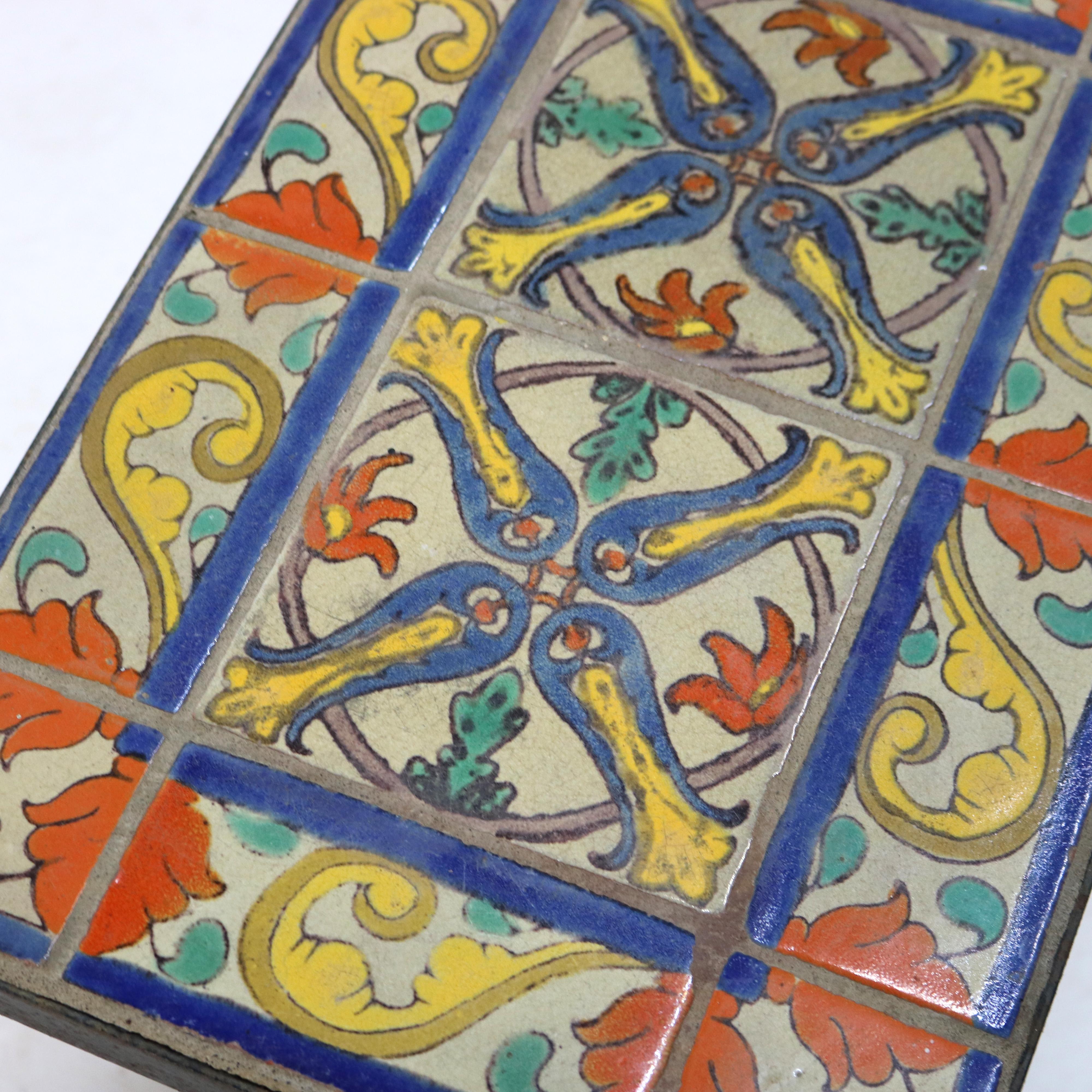 Antique California Pottery Bronze, Wrought Iron & Floral Tile Side Table C1910 2