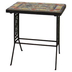 Antique California Pottery Bronze, Wrought Iron & Floral Tile Side Table C1910