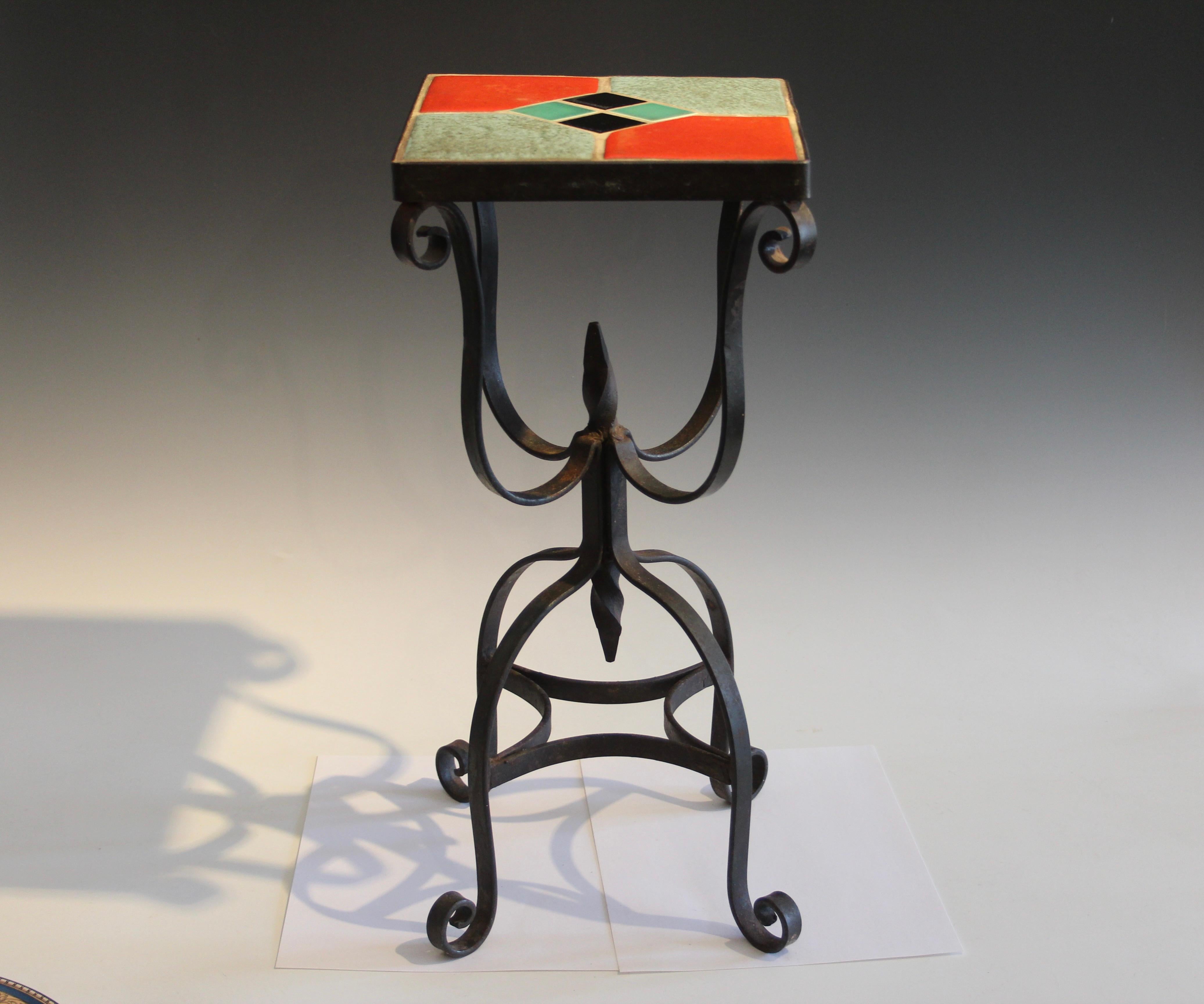 Antique wrought iron California pottery tile table with modernist geometric design, circa 1920's. Great looking table.  20
