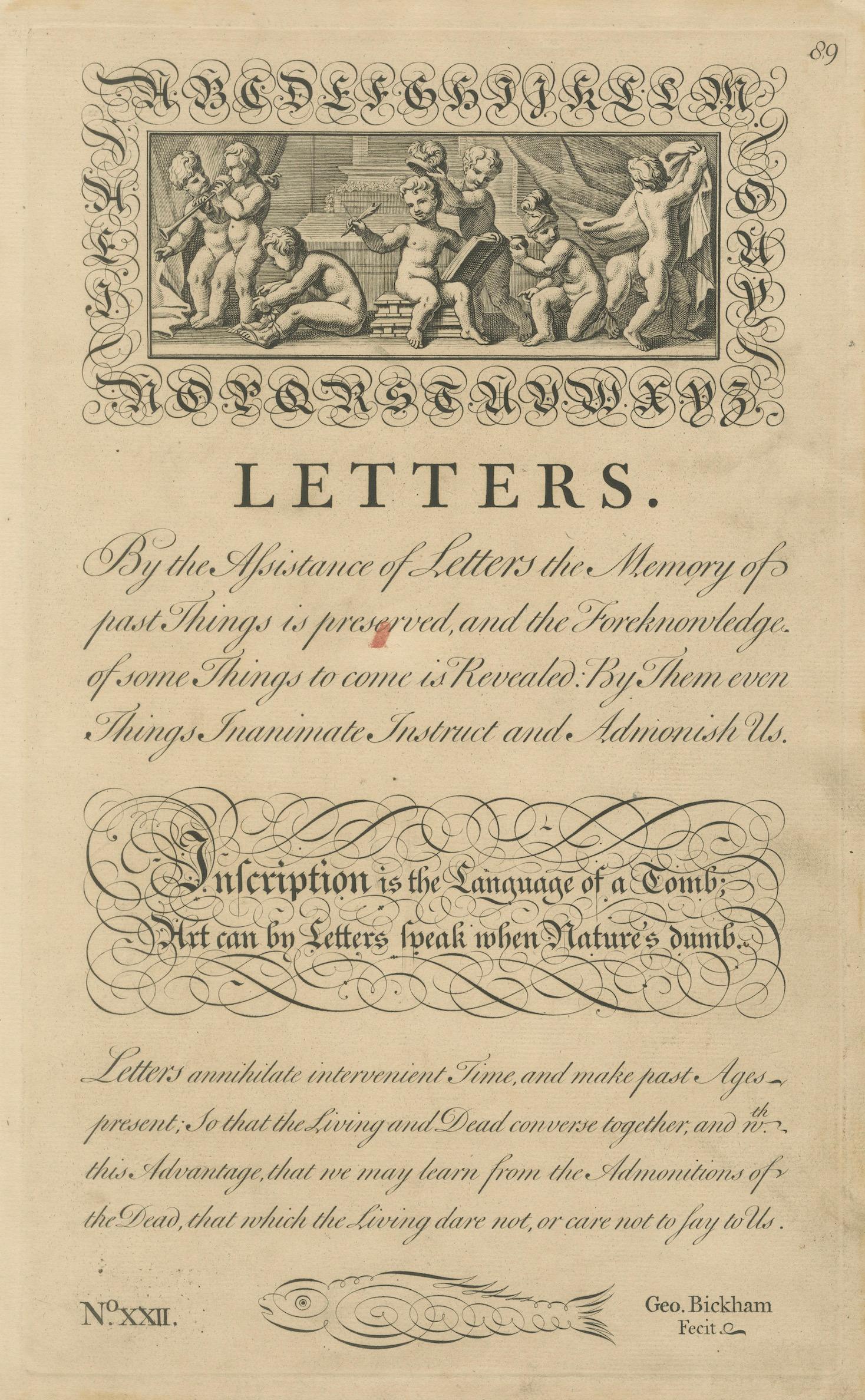 Antike Kalligraphie Gravur - George Bickham, Universal Penman Plate 89, 1733 im Angebot