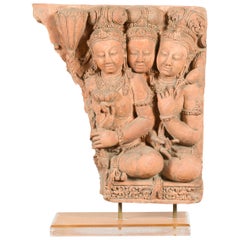 Antique Cambodian Red Terracotta Temple Sculpture with Divinities and Lotus