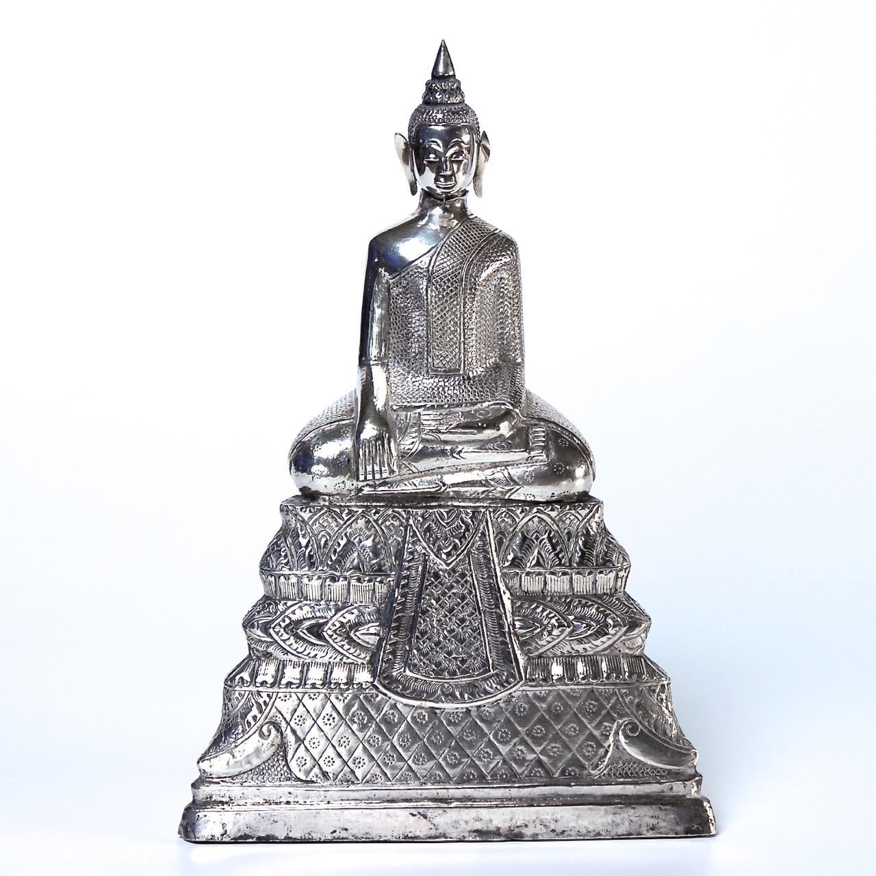 Folk Art Antique Cambodian Silver Seated Buddha Sculpture For Sale