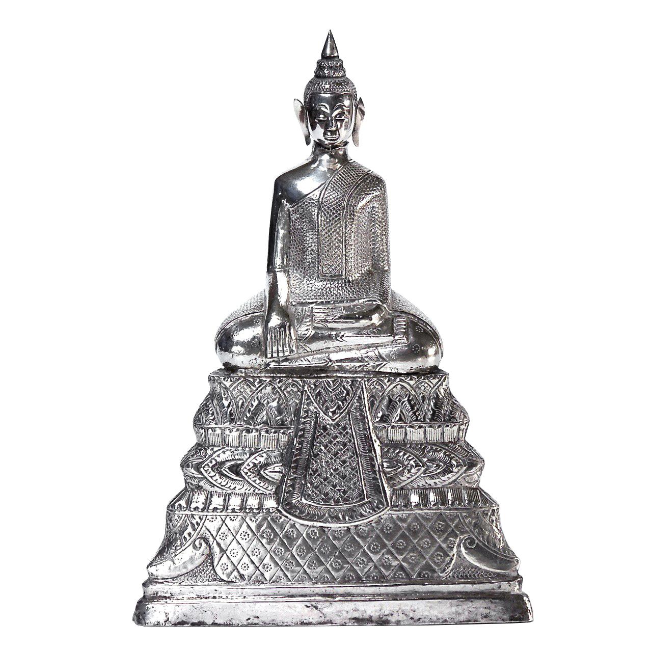 Antique Cambodian Silver Seated Buddha Sculpture For Sale