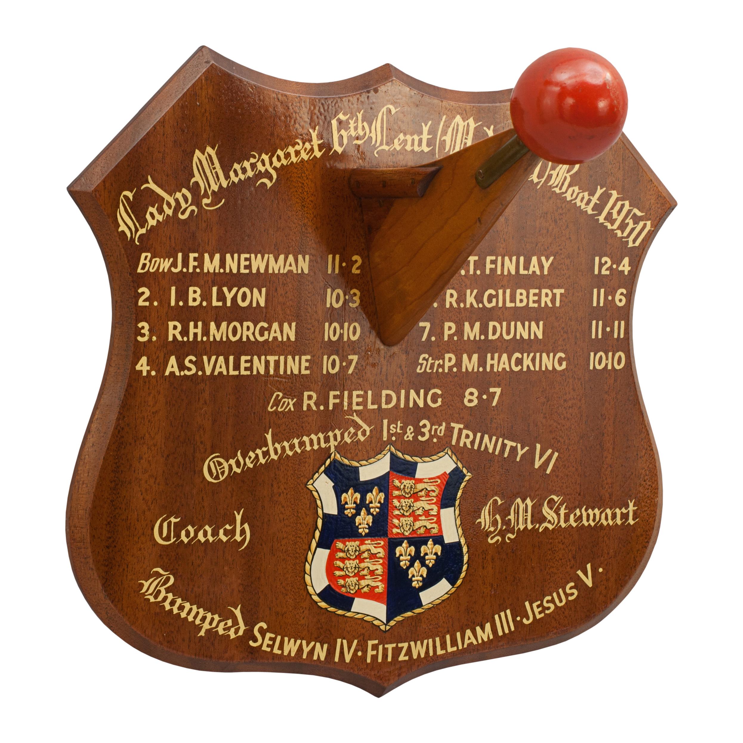 Cambridge University rowing shield.
An original presentation trophy shield with gold calligraphy, college insignia and with a mock-up of the bow end of a boat. The crew of this boat was manned by the doctors and the shield was presented to their