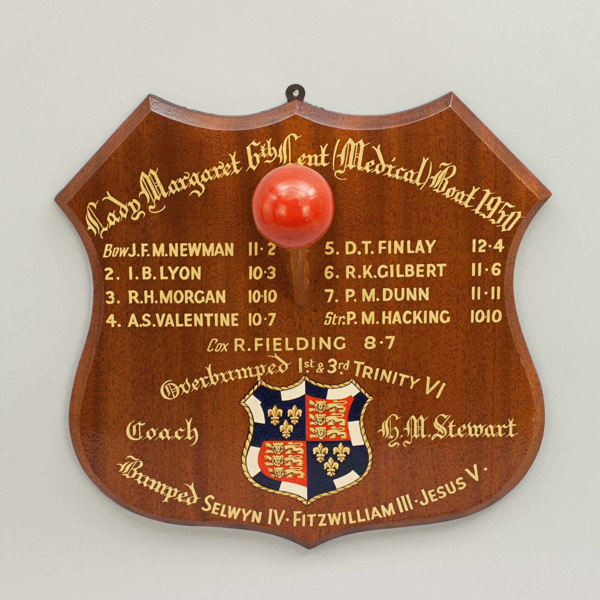 Sporting Art Antique Cambridge University Rowing Shield 1950 Hand Painted Legend