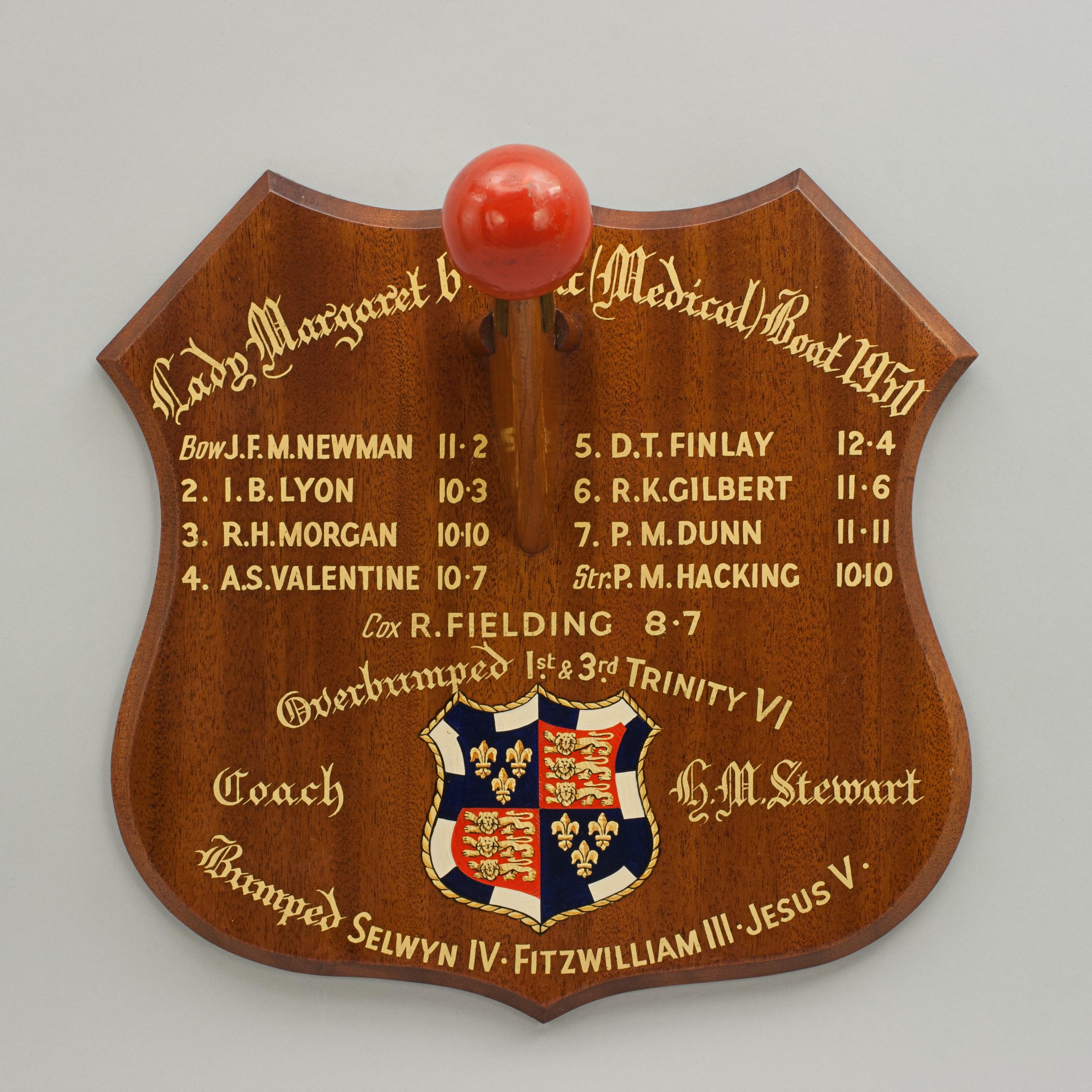 Antique Cambridge University Rowing Shield 1950 Hand Painted Legend 1