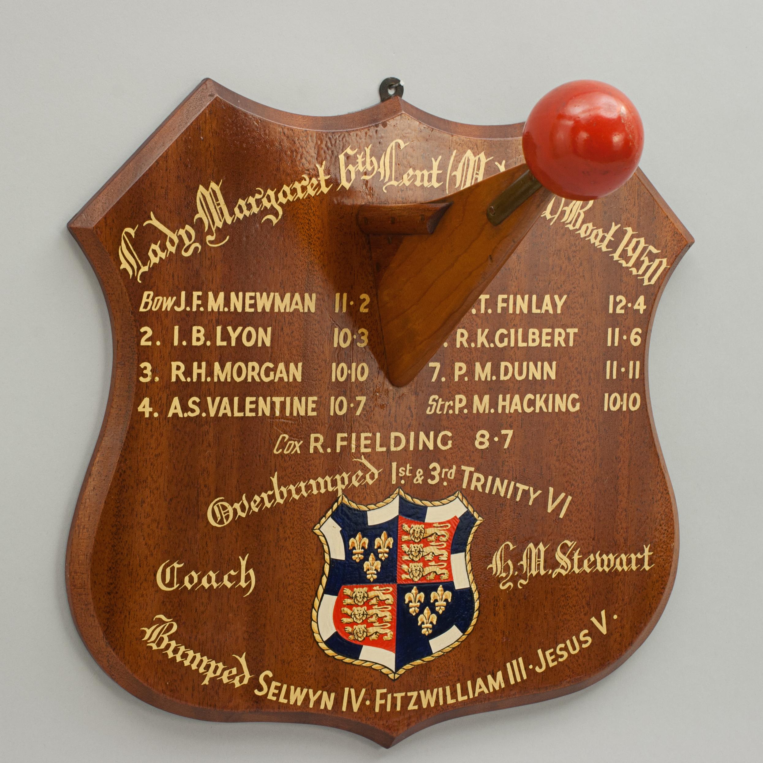 Antique Cambridge University Rowing Shield 1950 Hand Painted Legend 2