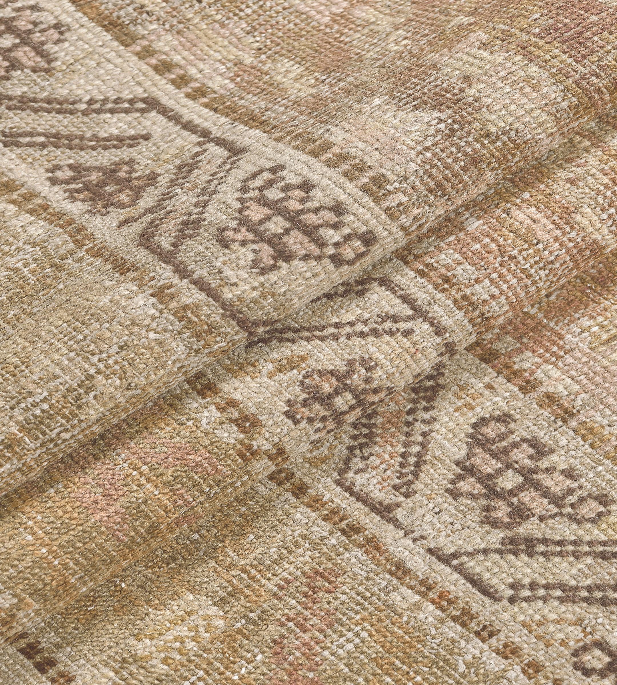 Chemin de table antique en laine à rayures florales Camel-Brown en vente 1