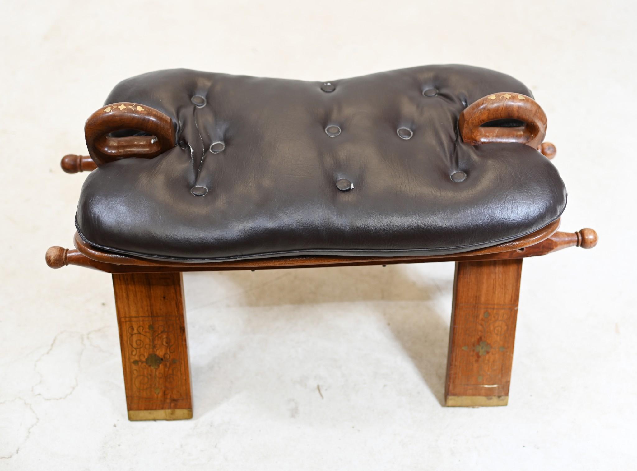 Antique Camel Saddle Stool Foot Rest Mahogany Inlay 1