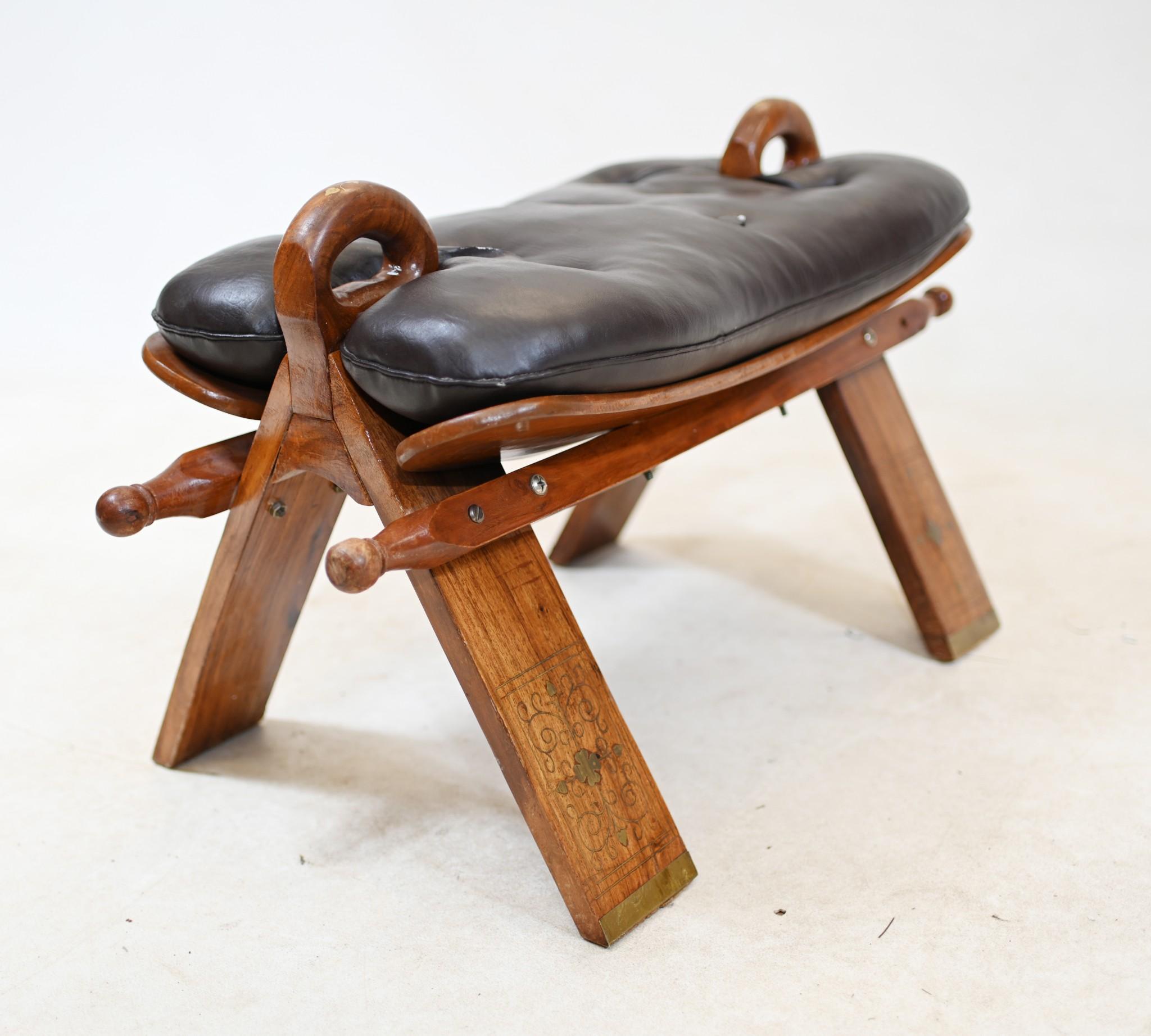 Antique Camel Saddle Stool Foot Rest Mahogany Inlay 2