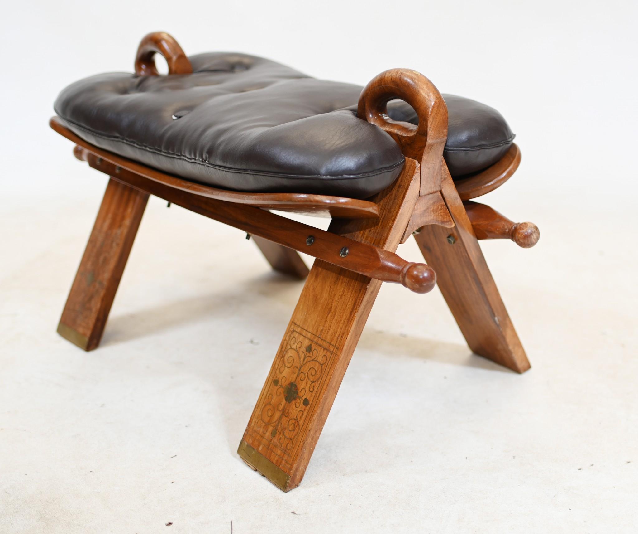 Antique Camel Saddle Stool Foot Rest Mahogany Inlay 4