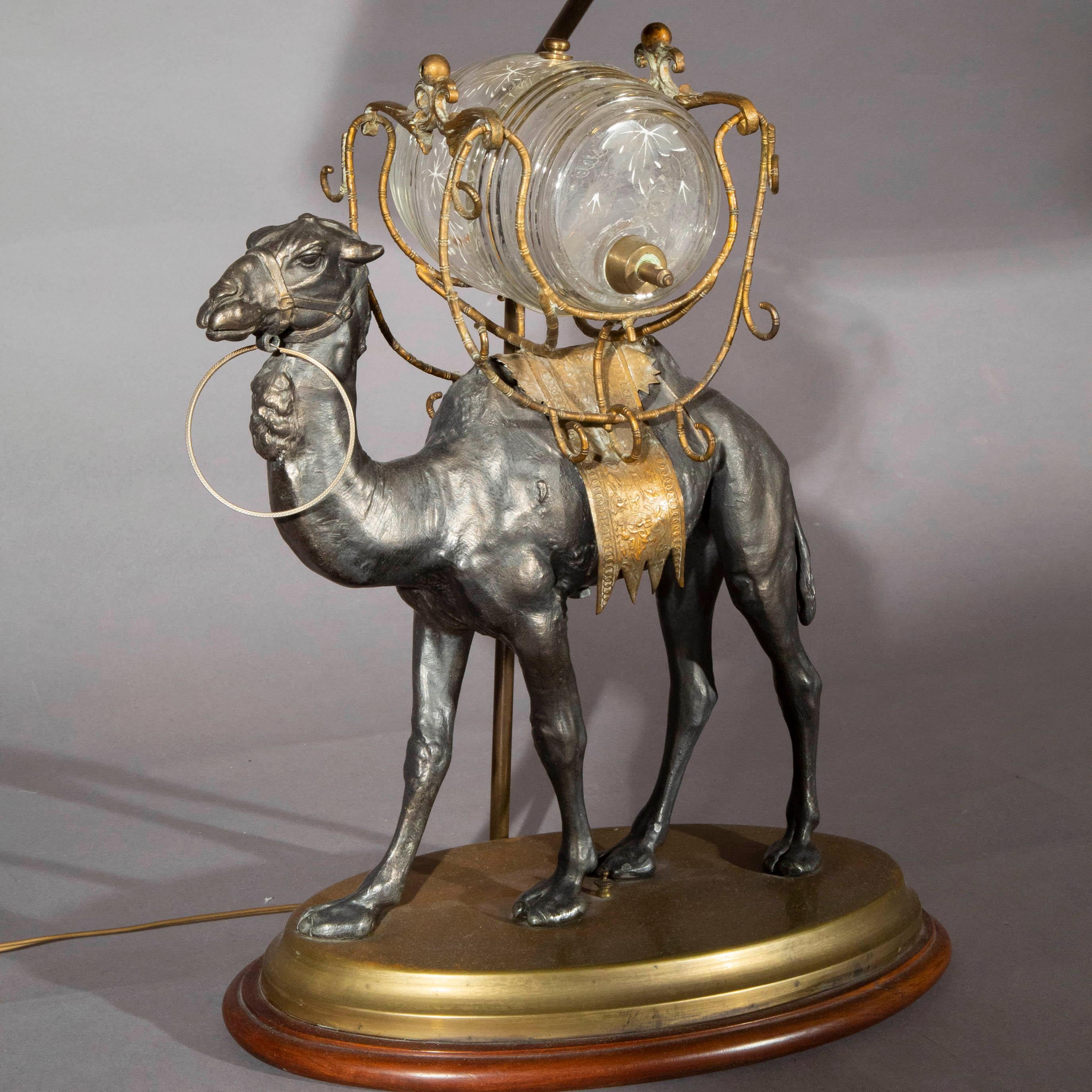 French Antique Camel Table Lamp with Gilded Shade, 19th Century
