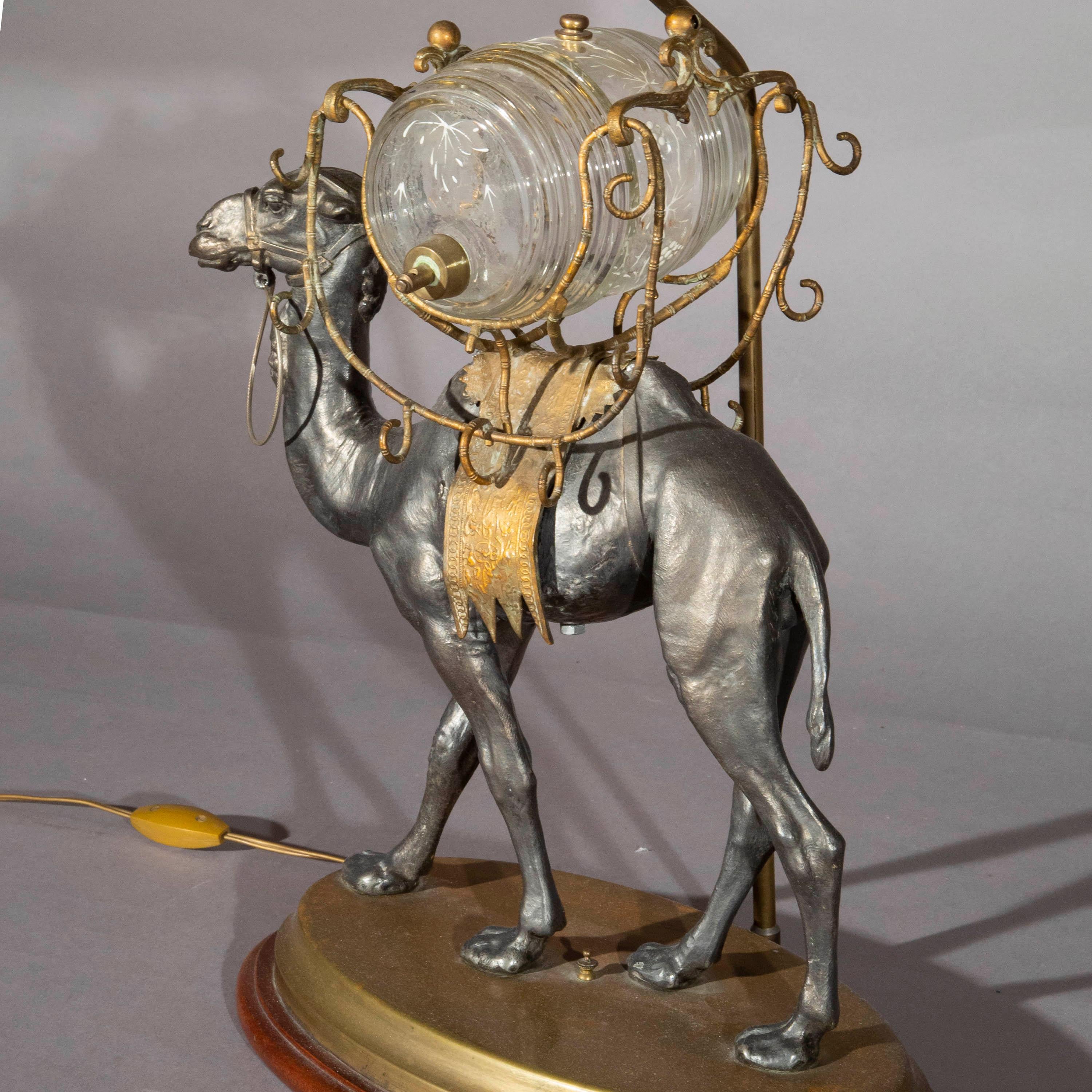 Brass Antique Camel Table Lamp with Gilded Shade, 19th Century