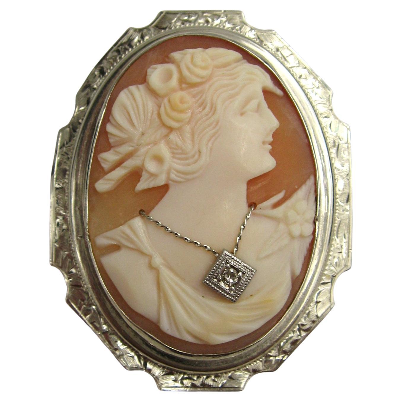 Antique Cameo 14 Karat White Gold Brooch Diamond Pendant For Sale