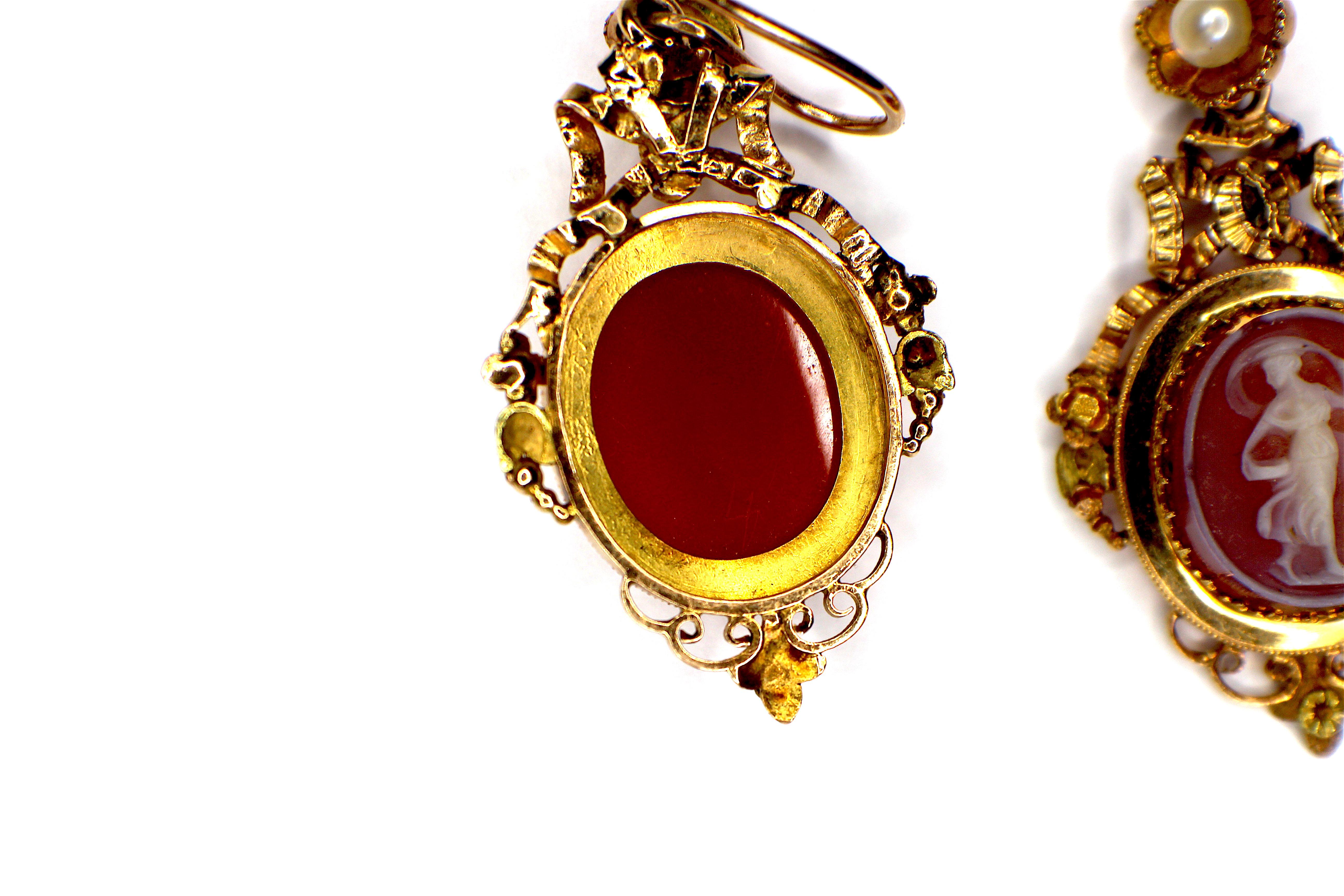 Victorian GEMOLITHOS Antique Cameo Agate and Pearl Earrings, 1860s For Sale