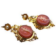 GEMOLITHOS Antique Cameo Agate and Pearl Earrings, 1860s