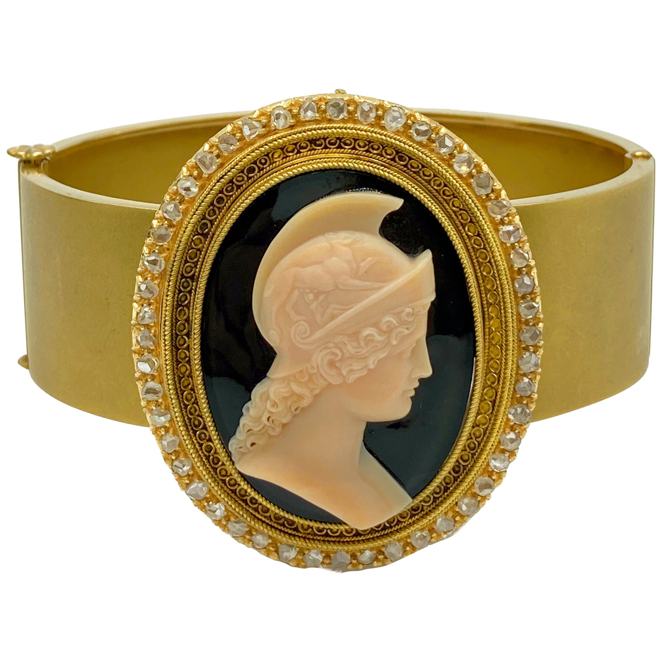 Antique Cameo and Diamond Gold Bracelet For Sale