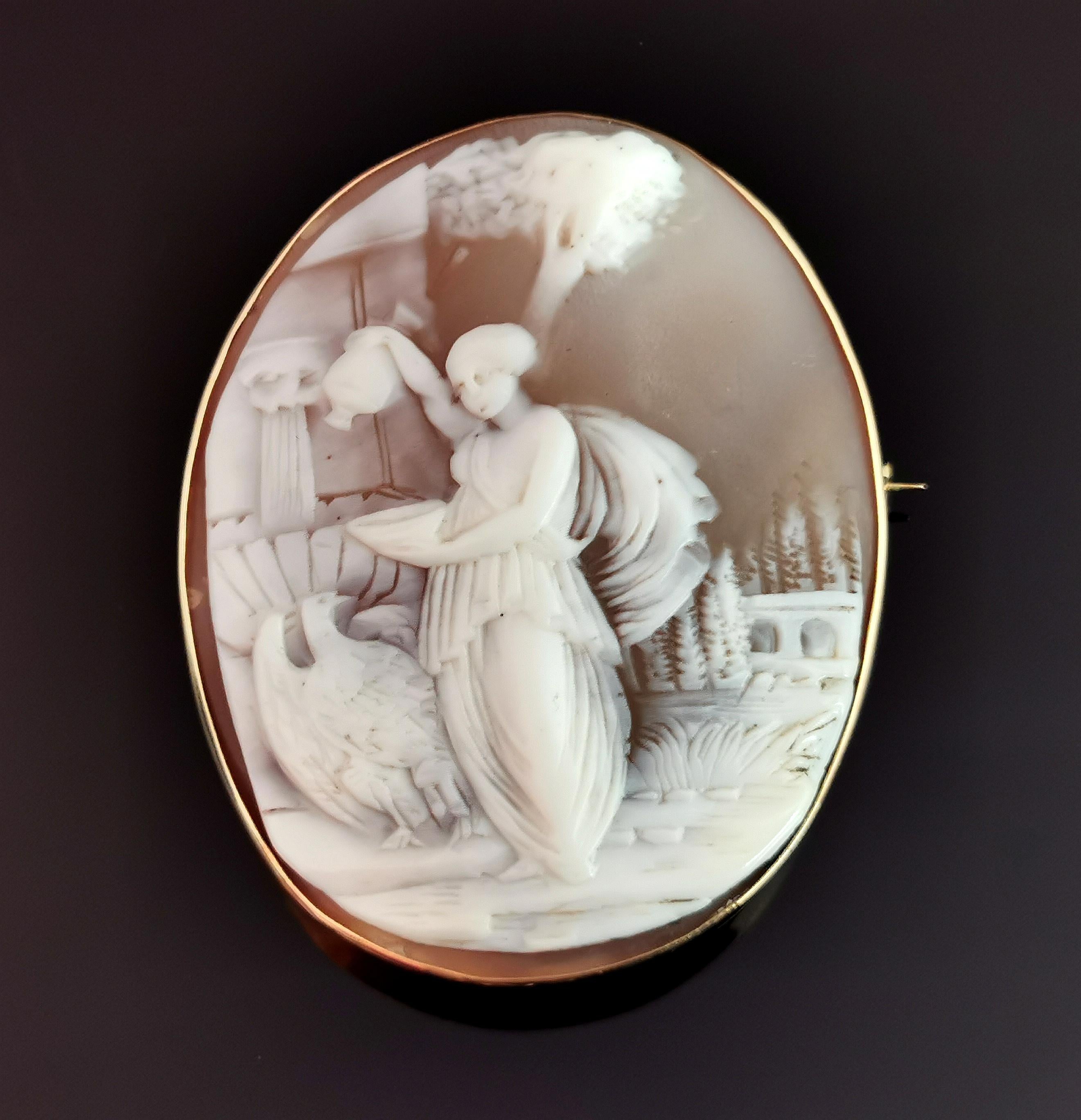 Edwardian Antique Cameo Brooch, 9k Gold, Hebe and the Eagle