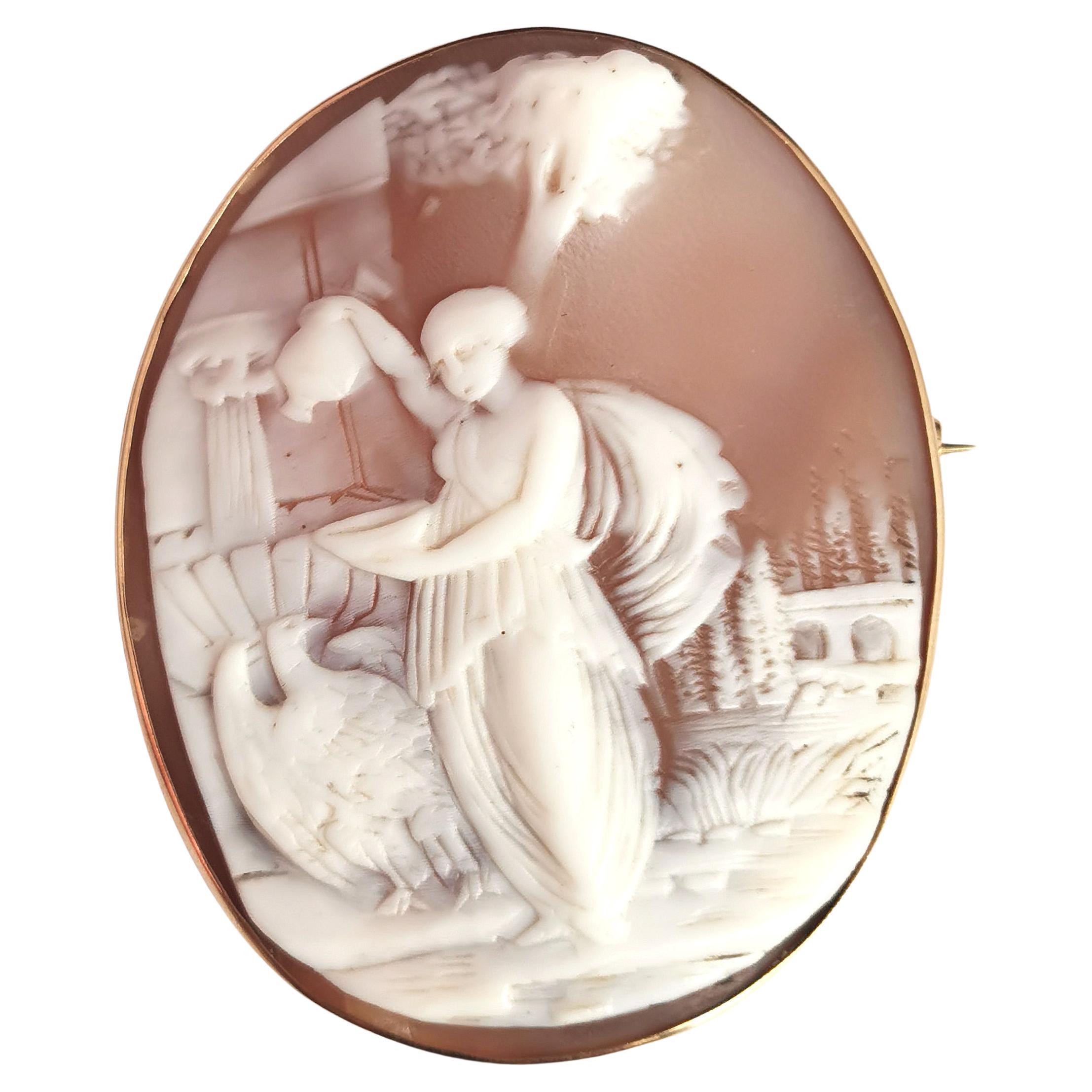 Antique Cameo Brooch, 9k Gold, Hebe and the Eagle