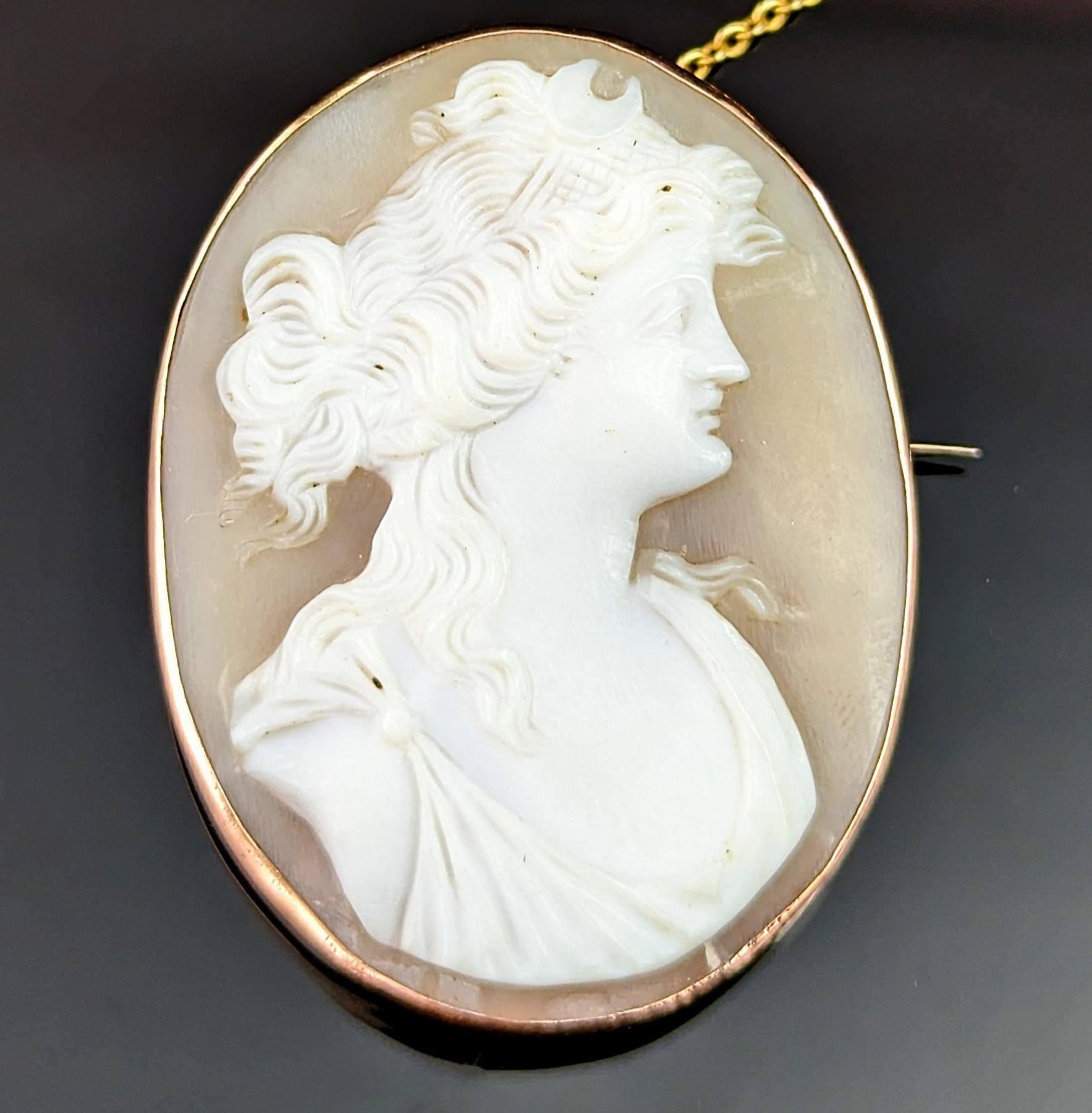 You can't help but admire this attractive antique Edwardian era 9ct gold cameo brooch.

A nicely carved bullmouth shell cameo depicting Nyx the Greek goddess and personification of night housed in a 9ct rose gold frame.

An nice subject matter, it