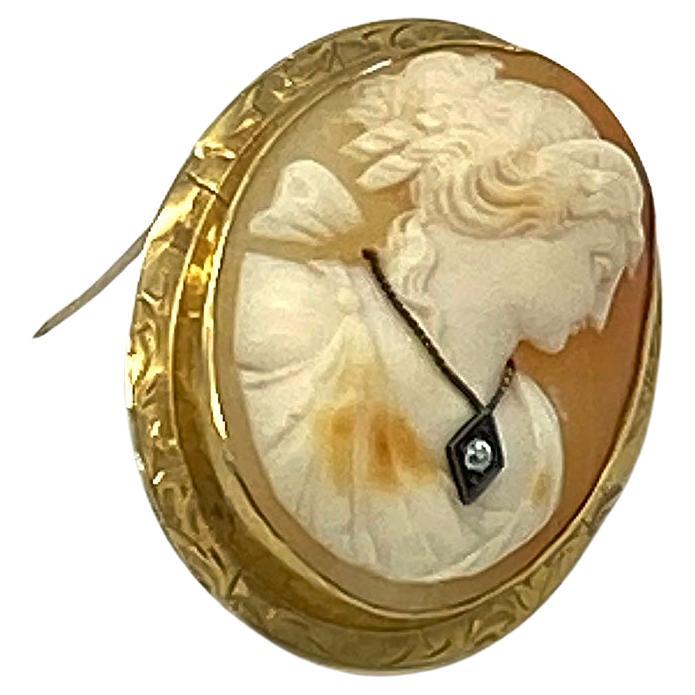 This is an antique cameo brooch with 14K gold frame and diamond. This brooch is from the second half of the 19th century. This classic cameo is carved in a lady's profile with her hair up and comes with a 14K gold patterned frame and a diamond on