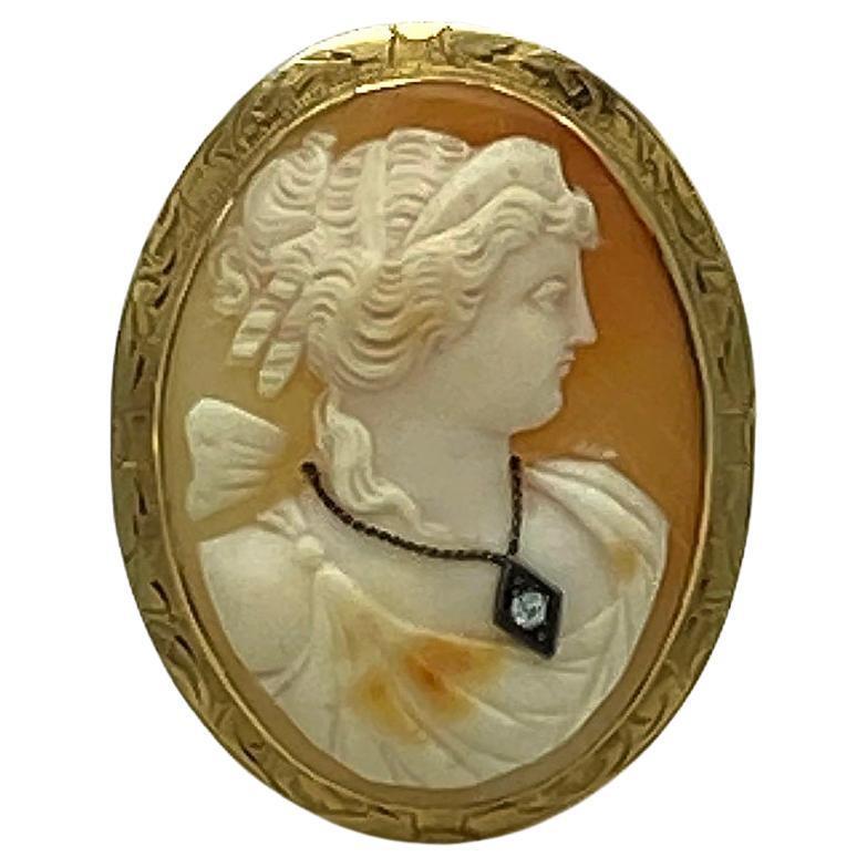 Antique Cameo Brooch with 14K Gold Frame and Diamond For Sale