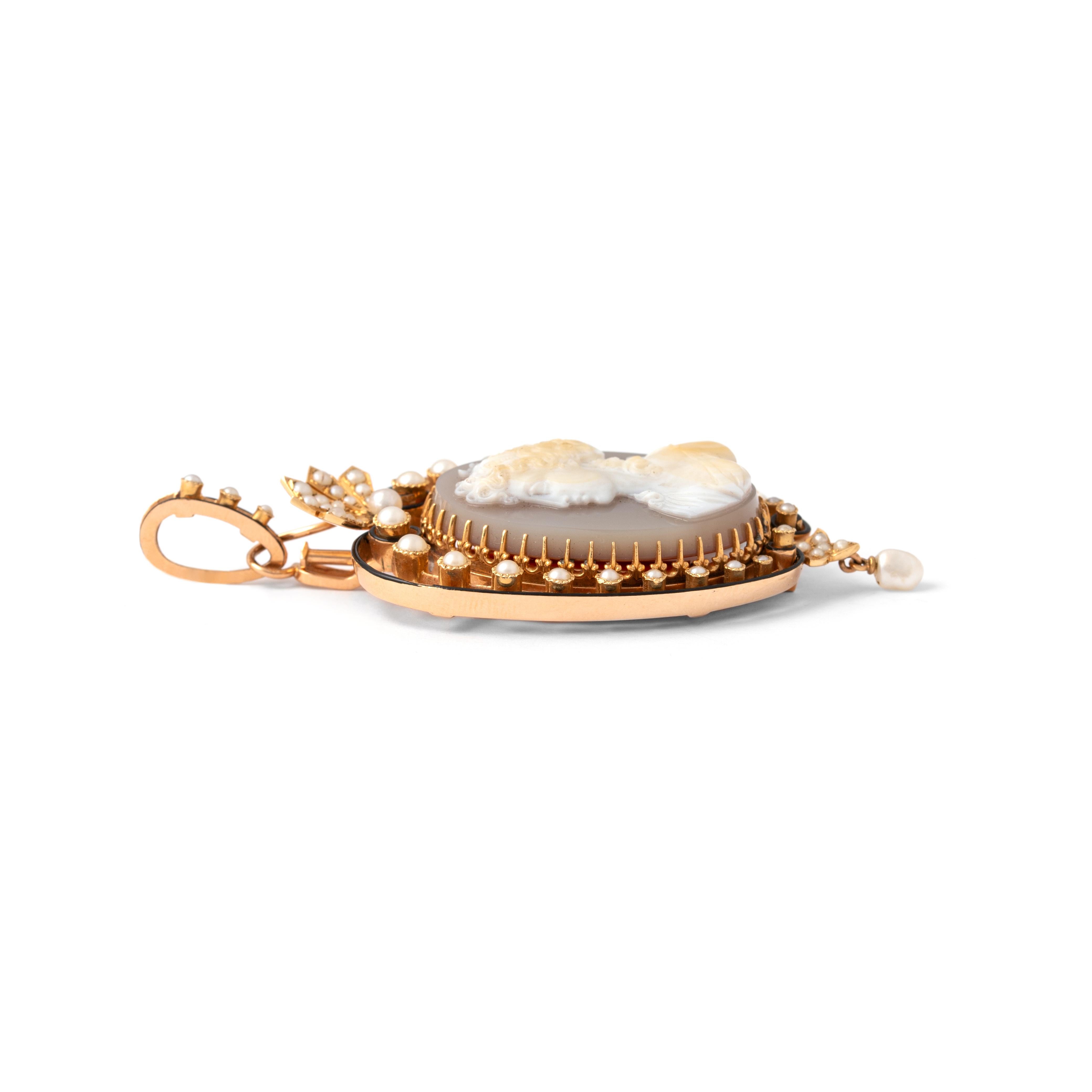 Women's or Men's Antique Cameo Gold Pearl Set For Sale