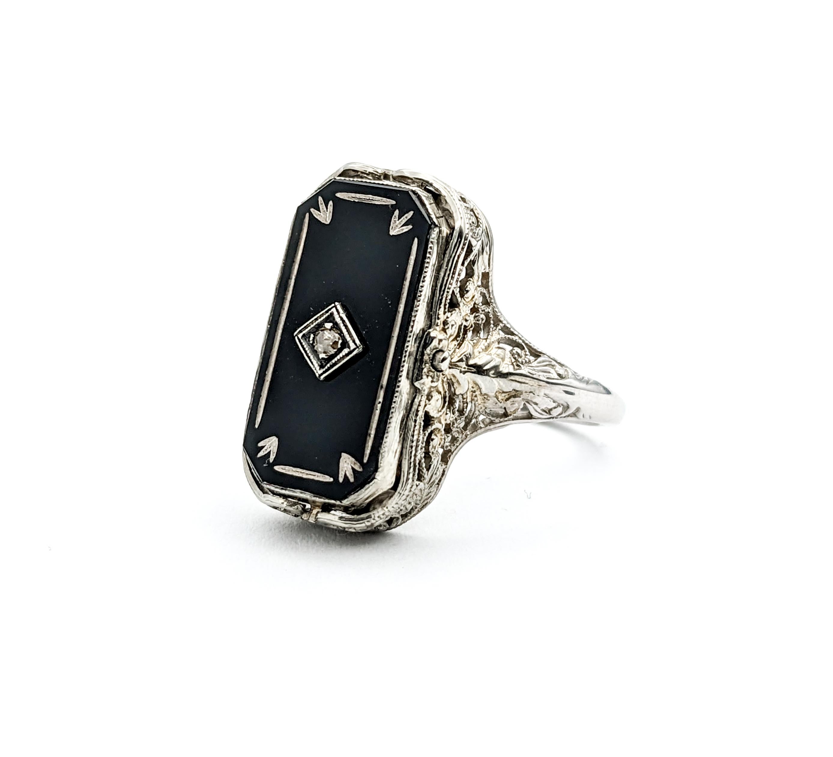 Art Deco Antique Cameo Habille Diamond & Onyx Flip Ring In White Gold For Sale