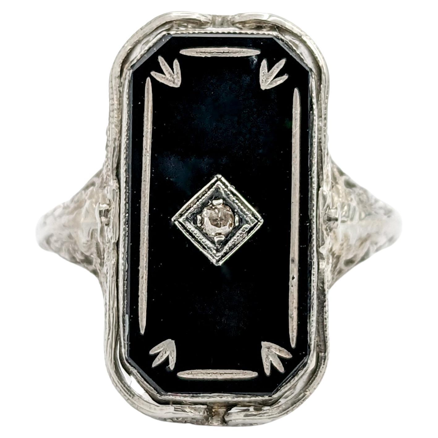 Antique Cameo Habille Diamond & Onyx Flip Ring In White Gold For Sale