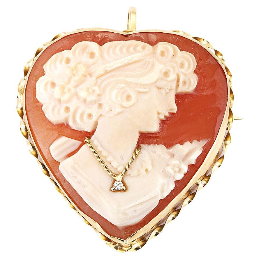 Antique Cameo Heart Pin with Diamond in 14K Yellow Gold