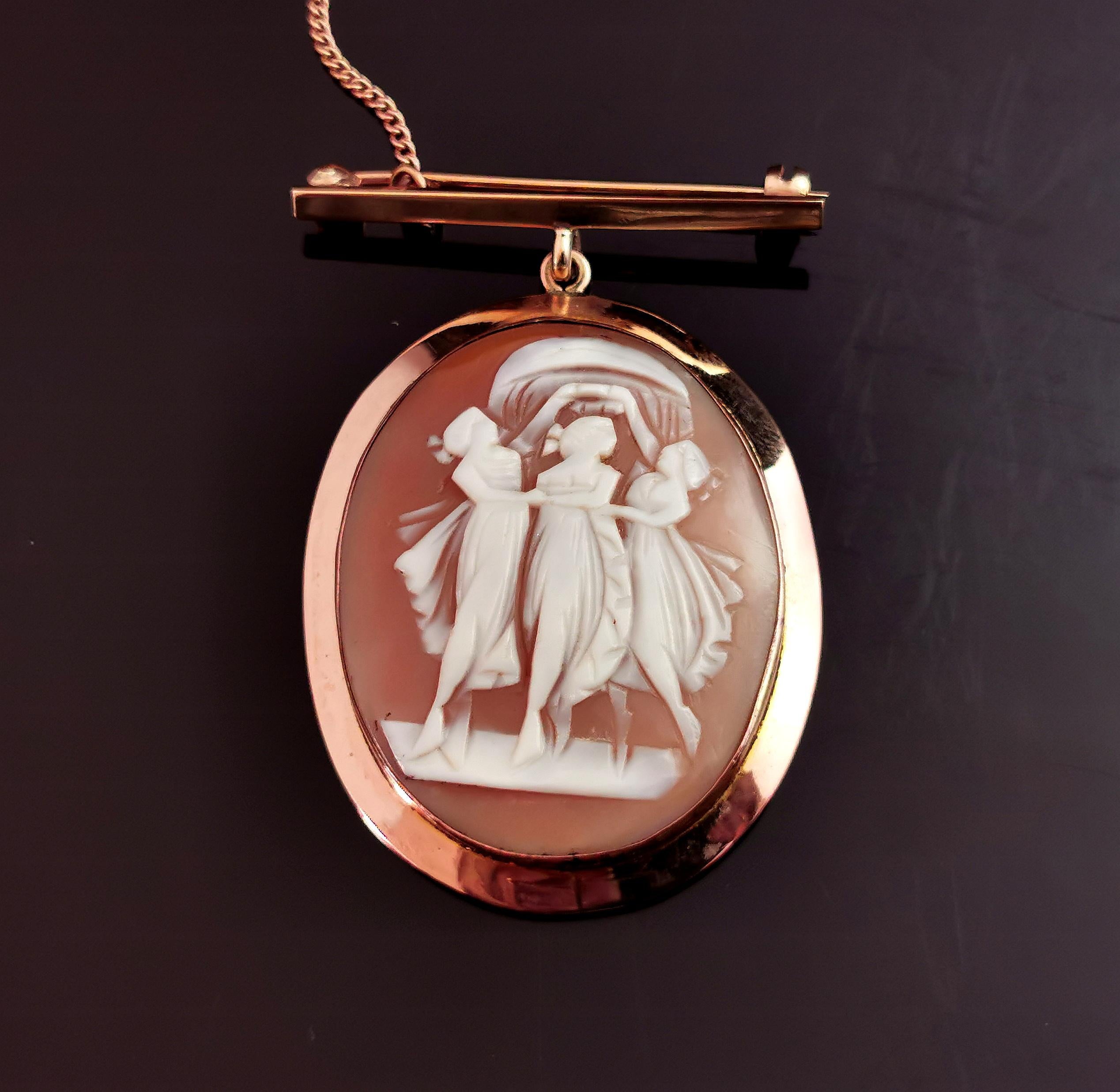 Women's Antique Cameo Locket Brooch, Pendant Brooch, Three Graces, 9k Gold