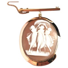 Antique Cameo Locket Brooch, Pendant Brooch, Three Graces, 9k Gold
