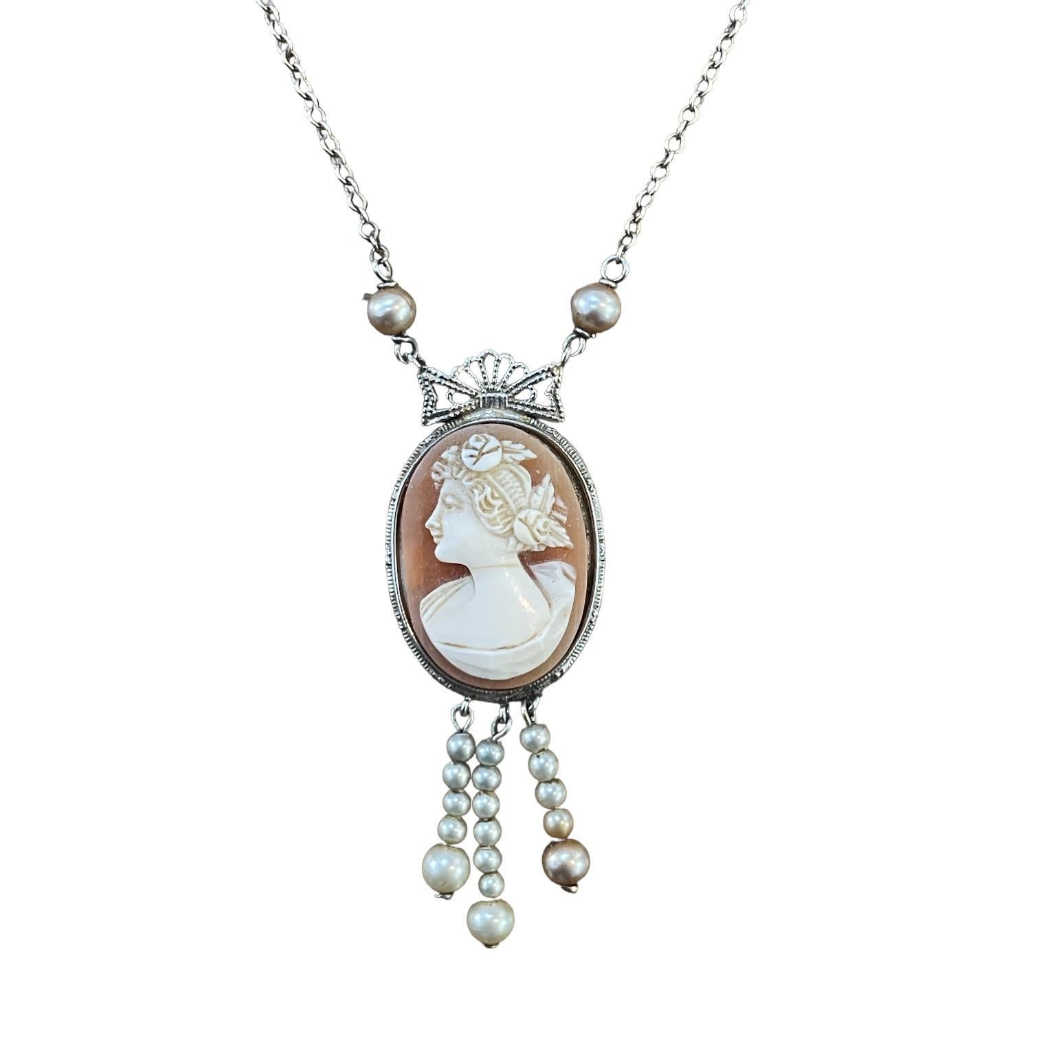 Embrace the elegance of the past with this Antique Cameo Necklace. Crafted in 14K white gold and weighing 3.7 grams, this necklace features a classic cameo pendant. The intricate design and vintage charm make it a timeless piece for any jewelry