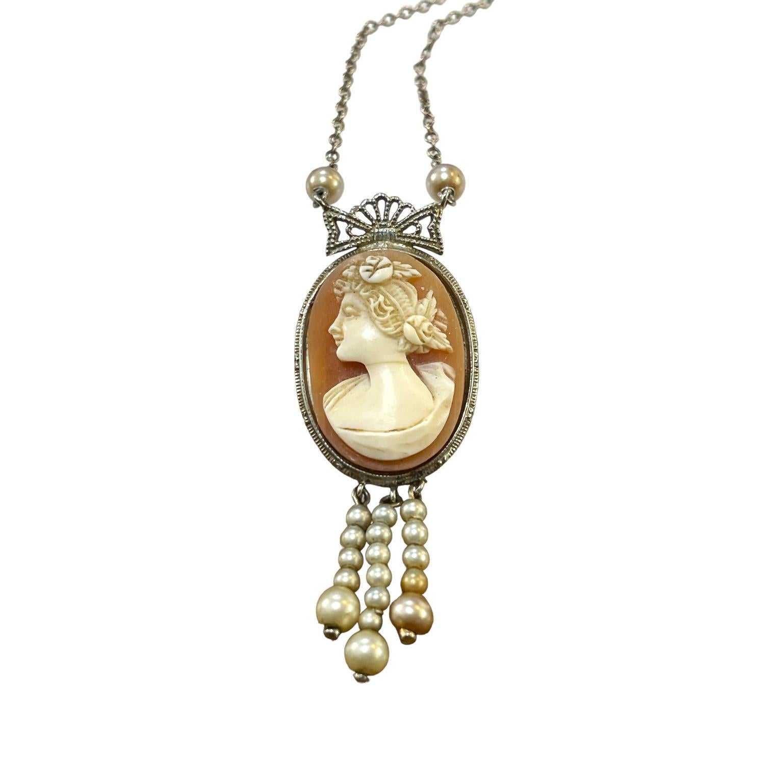 Egyptian Revival Antique Cameo Necklace in 14K White Gold For Sale