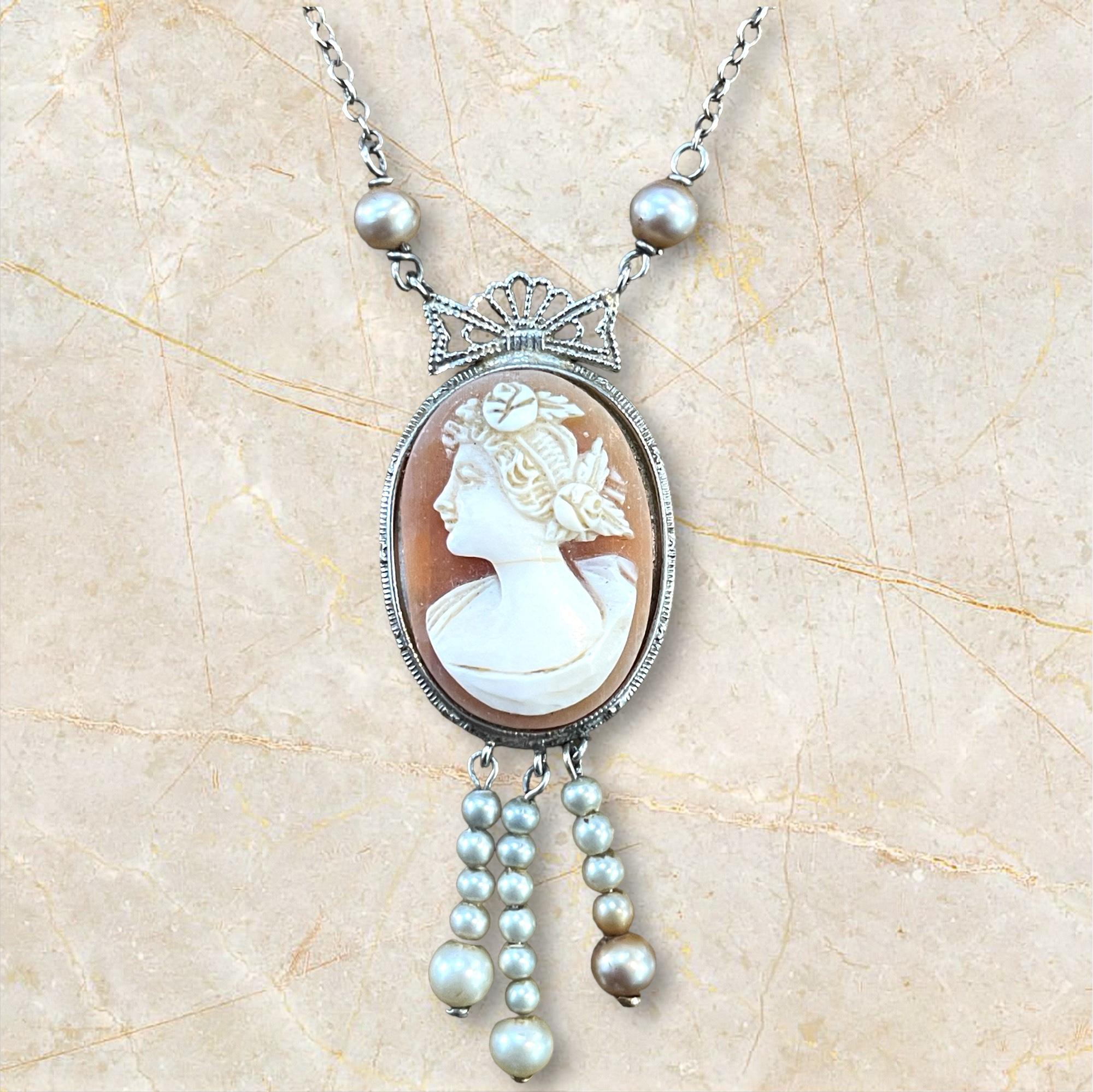 Women's Antique Cameo Necklace in 14K White Gold For Sale