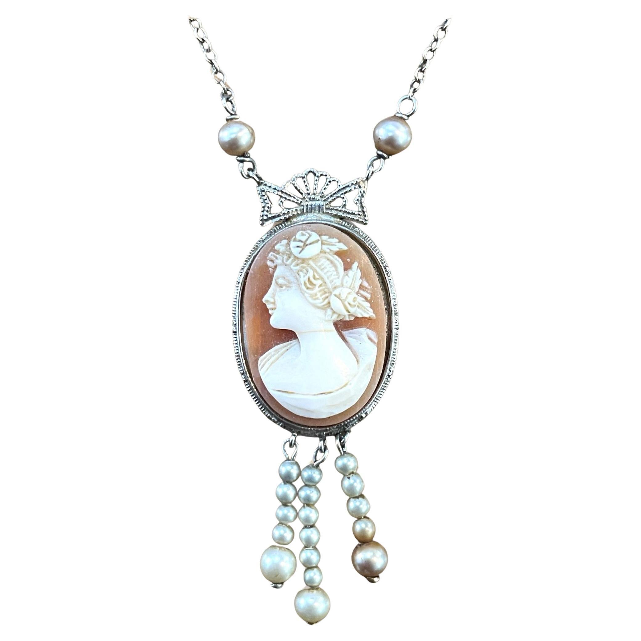 Antique Cameo Necklace in 14K White Gold