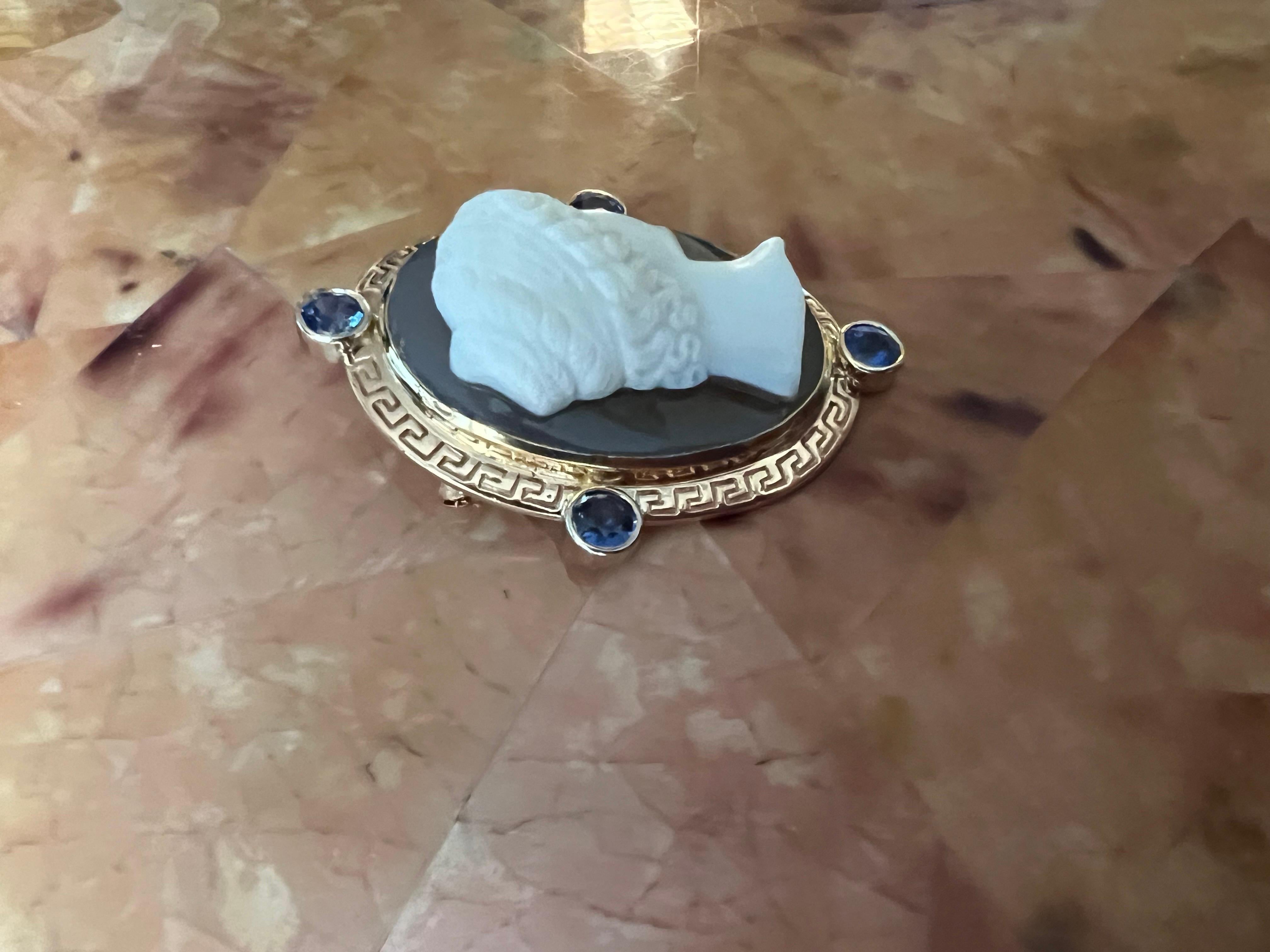 Antique Cameo of a Woman Pin 18k Yellow, White and Rose Gold 2.5ct of Sapphires For Sale 6