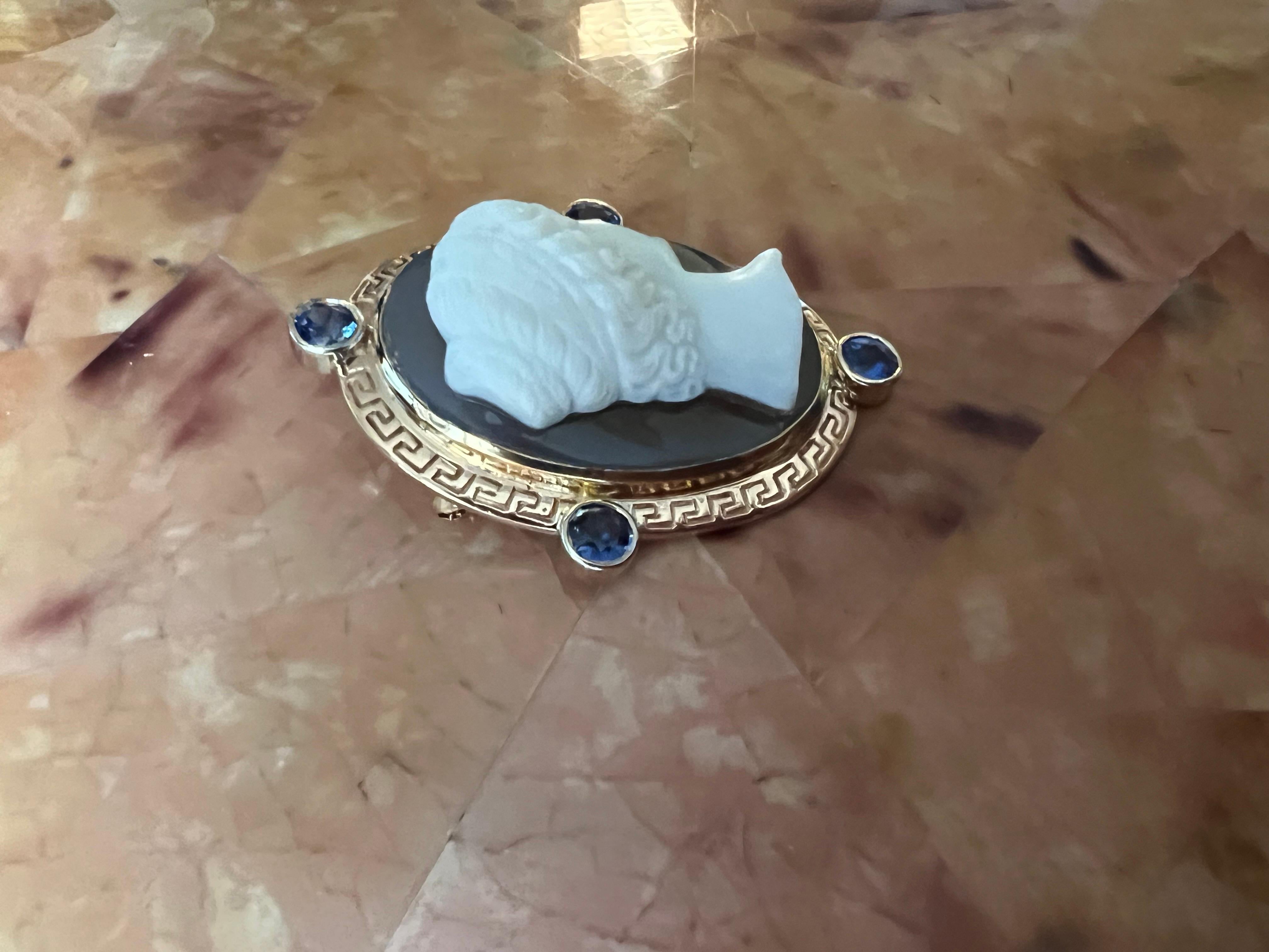 Antique Cameo of a Woman Pin 18k Yellow, White and Rose Gold 2.5ct of Sapphires For Sale 7