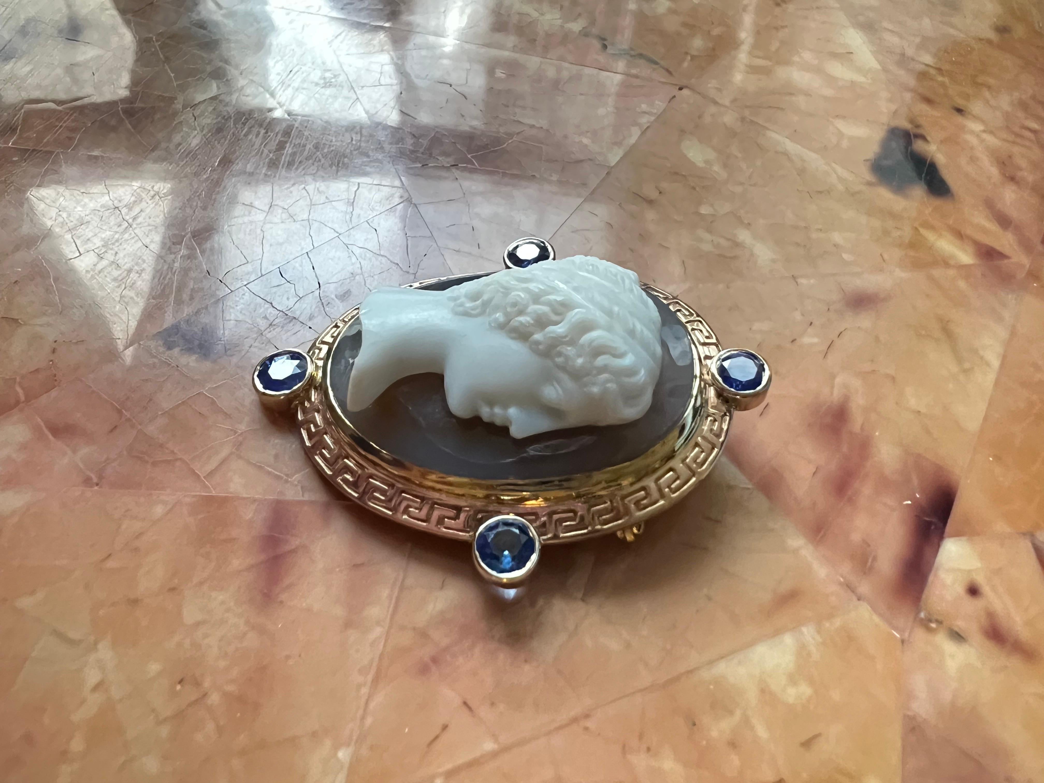 Antique Cameo of a Woman Pin 18k Yellow, White and Rose Gold 2.5ct of Sapphires For Sale 8
