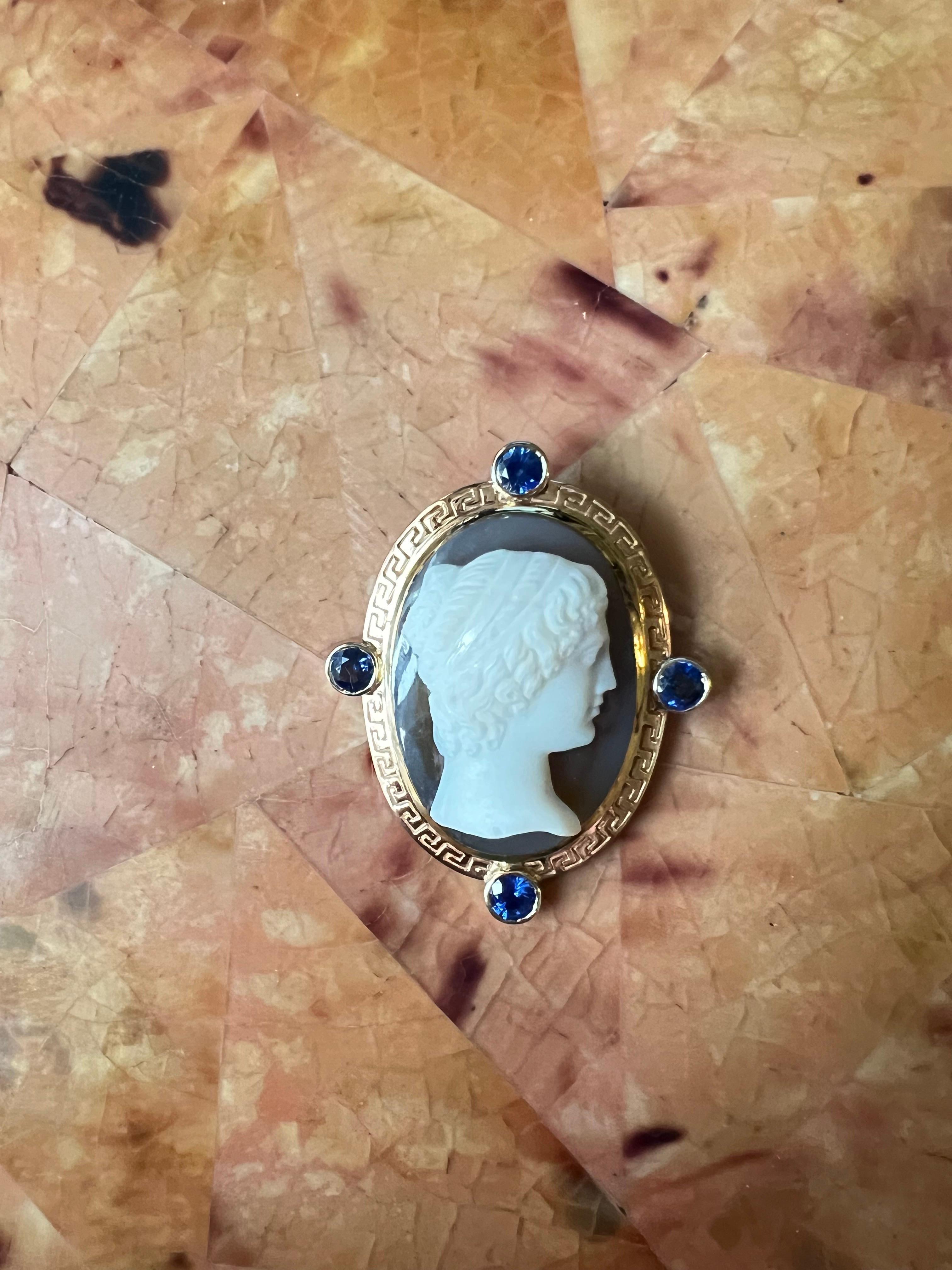 Antique Cameo of a Woman Pin 18k Yellow, White and Rose Gold 2.5ct of Sapphires For Sale 9