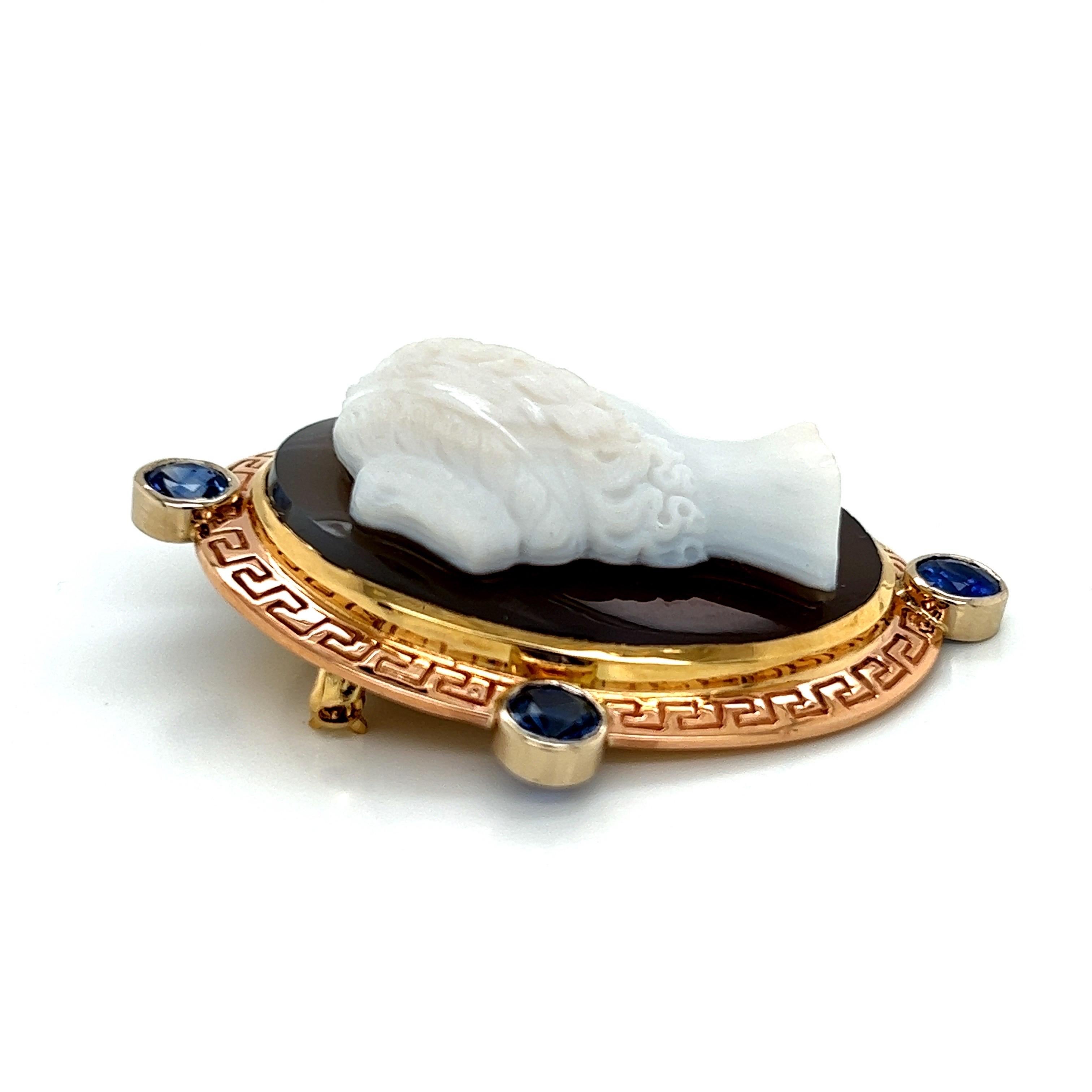 Round Cut Antique Cameo of a Woman Pin 18k Yellow, White and Rose Gold 2.5ct of Sapphires For Sale